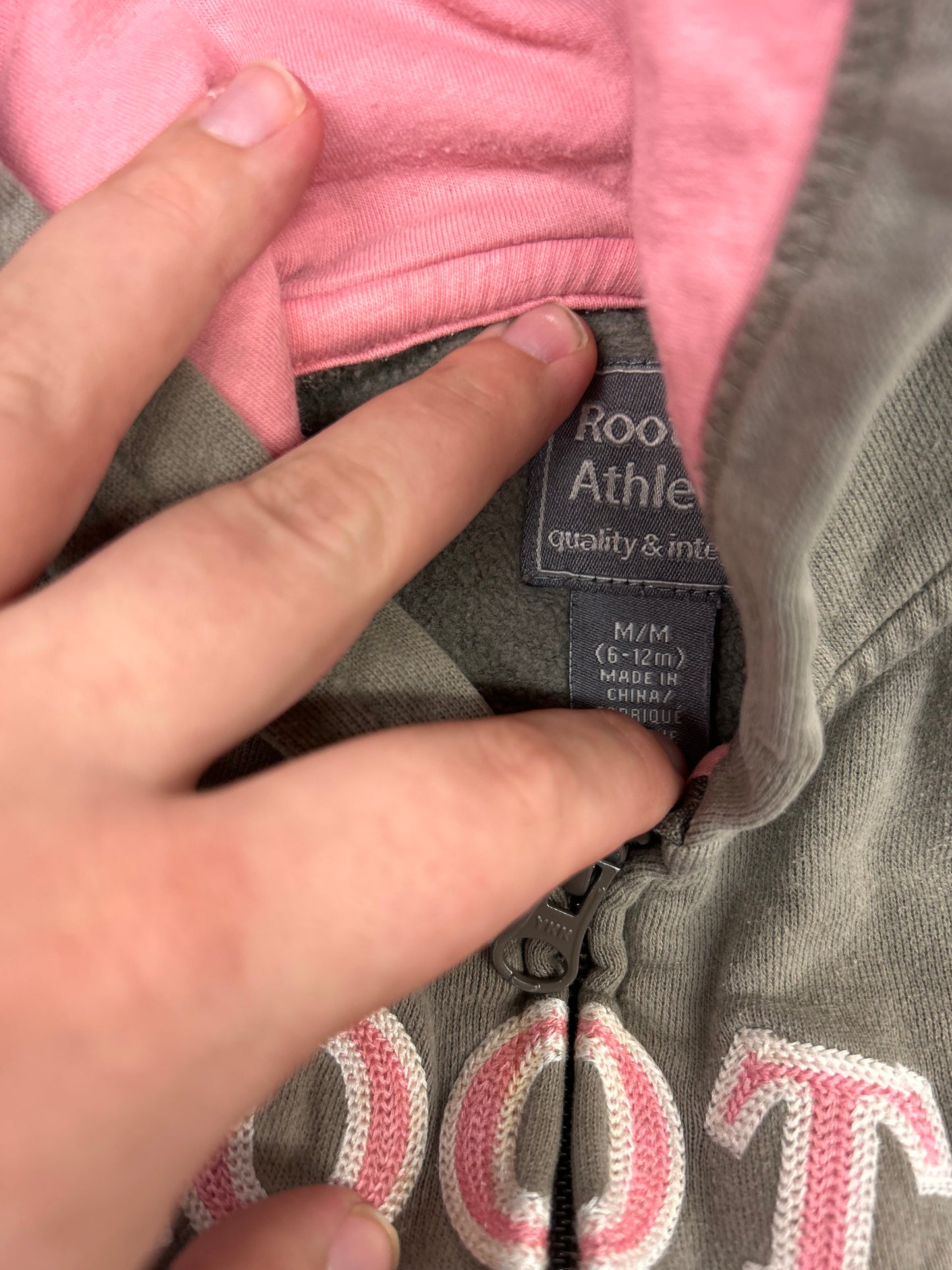 Roots 6/12m grey & pink zip up hoodie