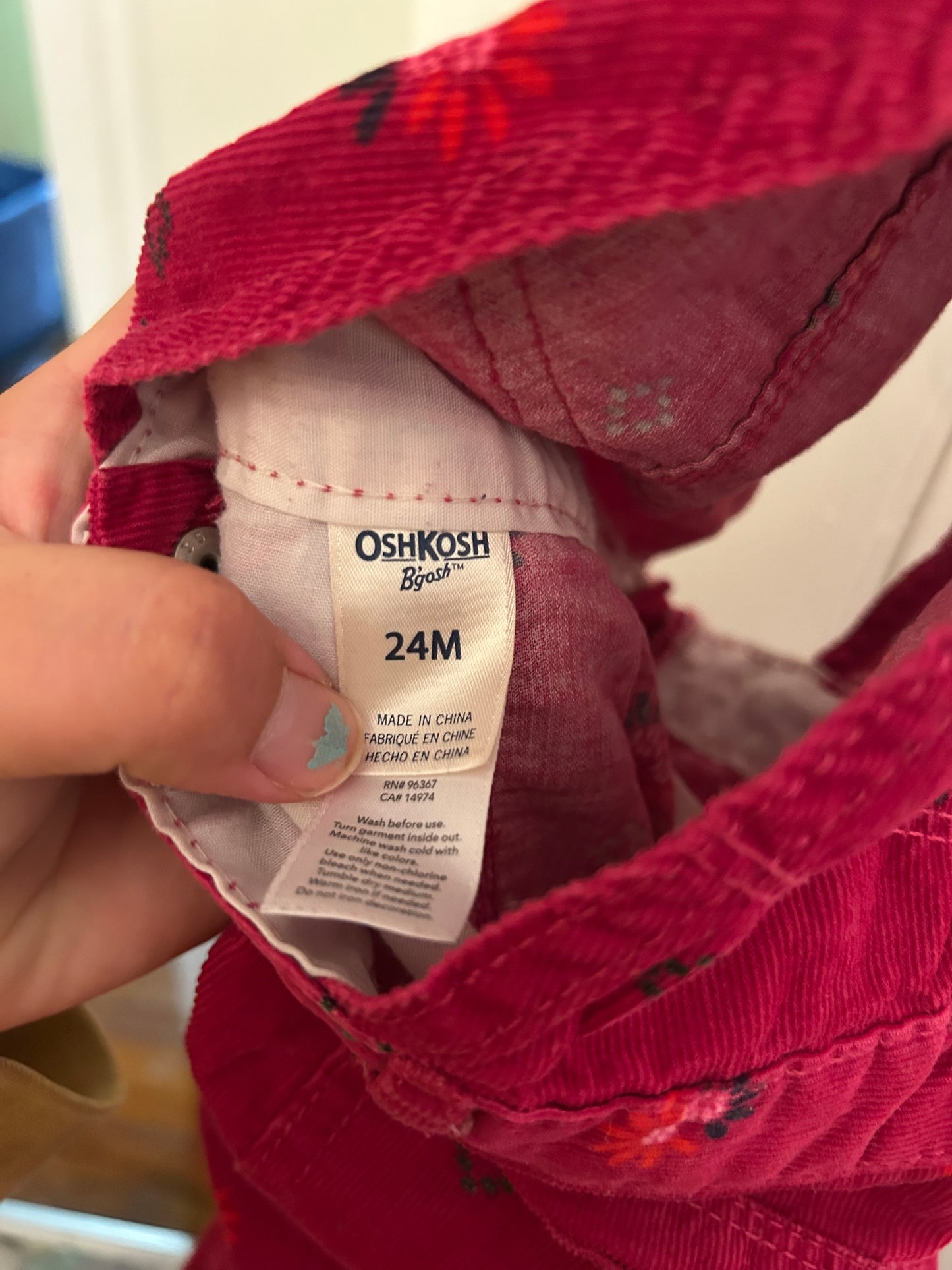 Oshkosh 24m pink floral corduroy overalls