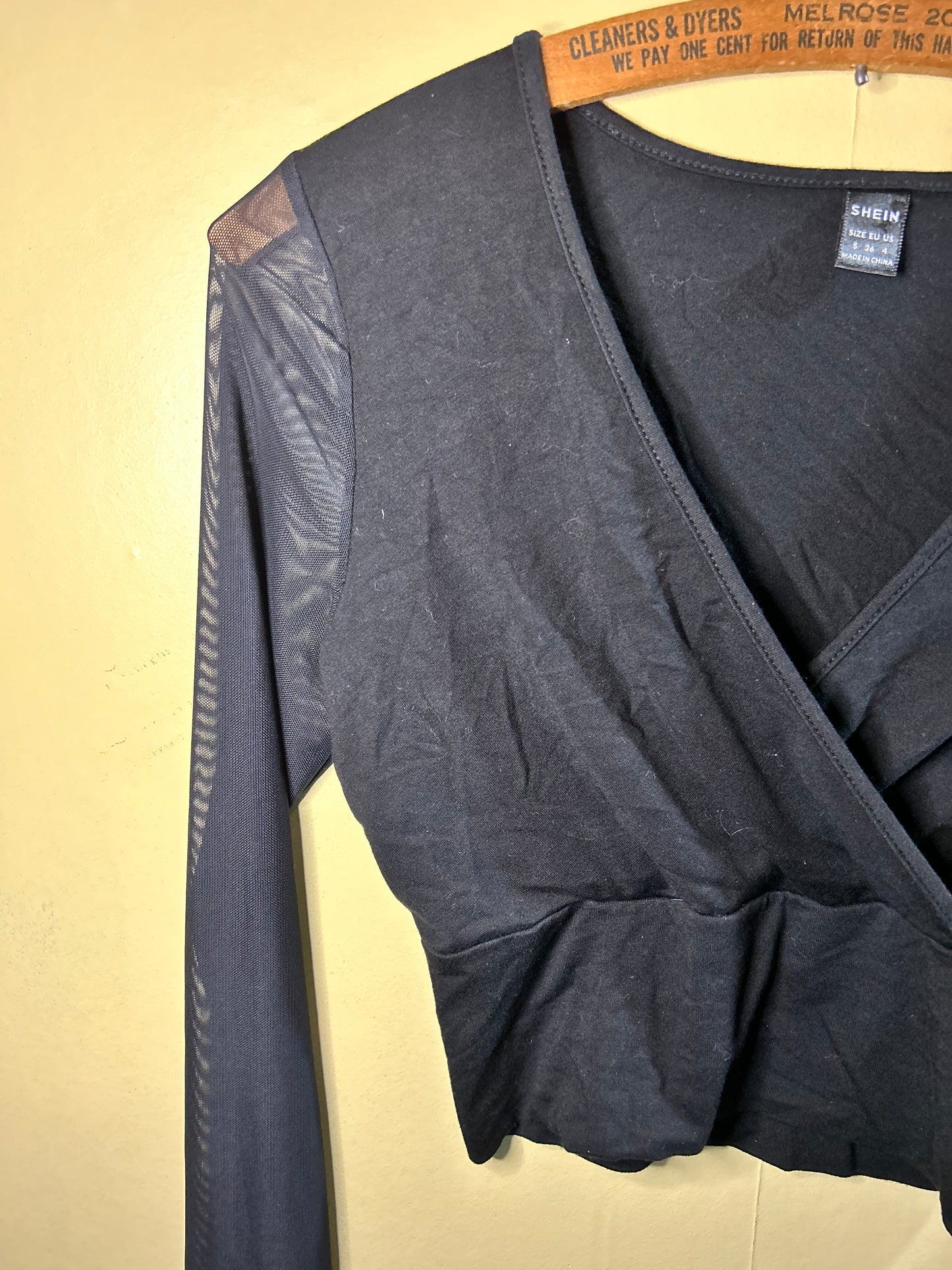 Shein small black sheer long sleeve vneck crop top
