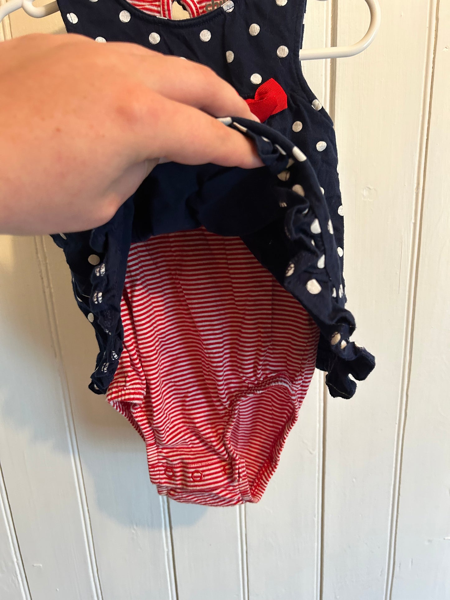 Carters 18m navy & red polka dot striped open back romper