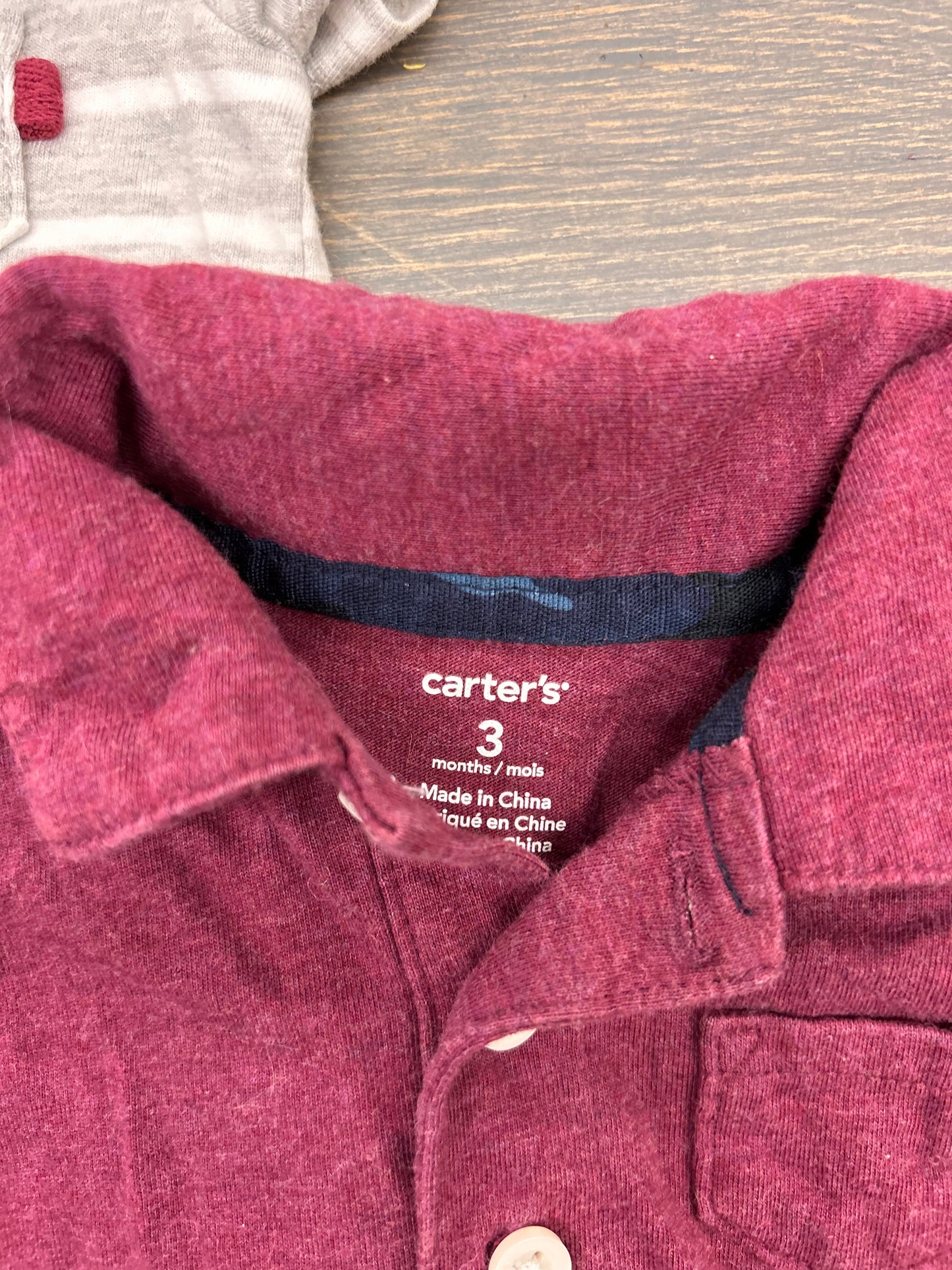Carters 3m grey striped & burgundy polo onesie bundle