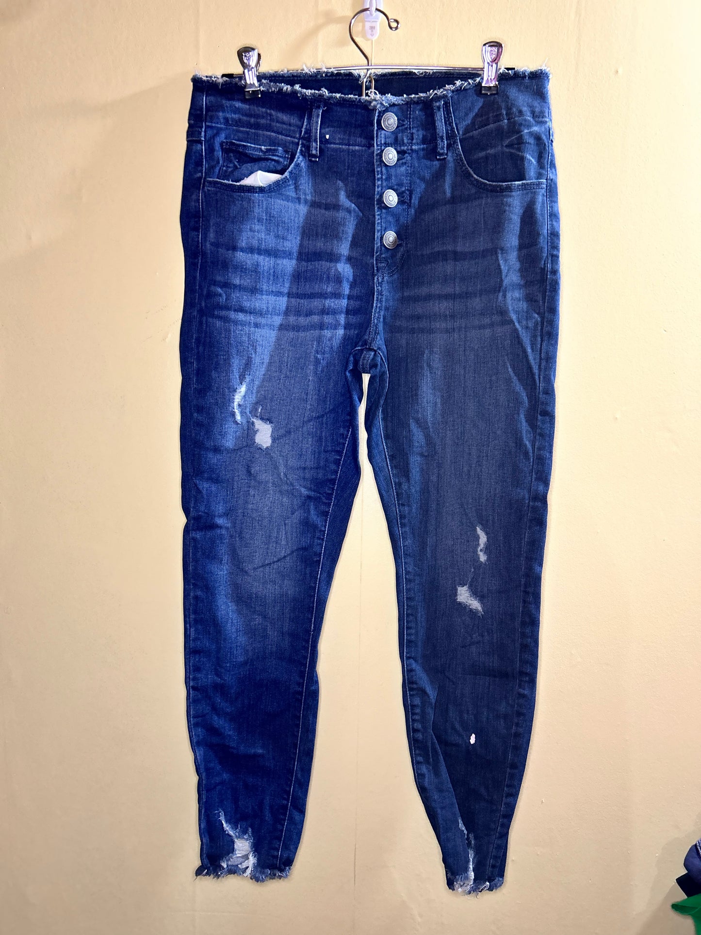 Bootlegger 30 medium wash distressed button high waisted jeans