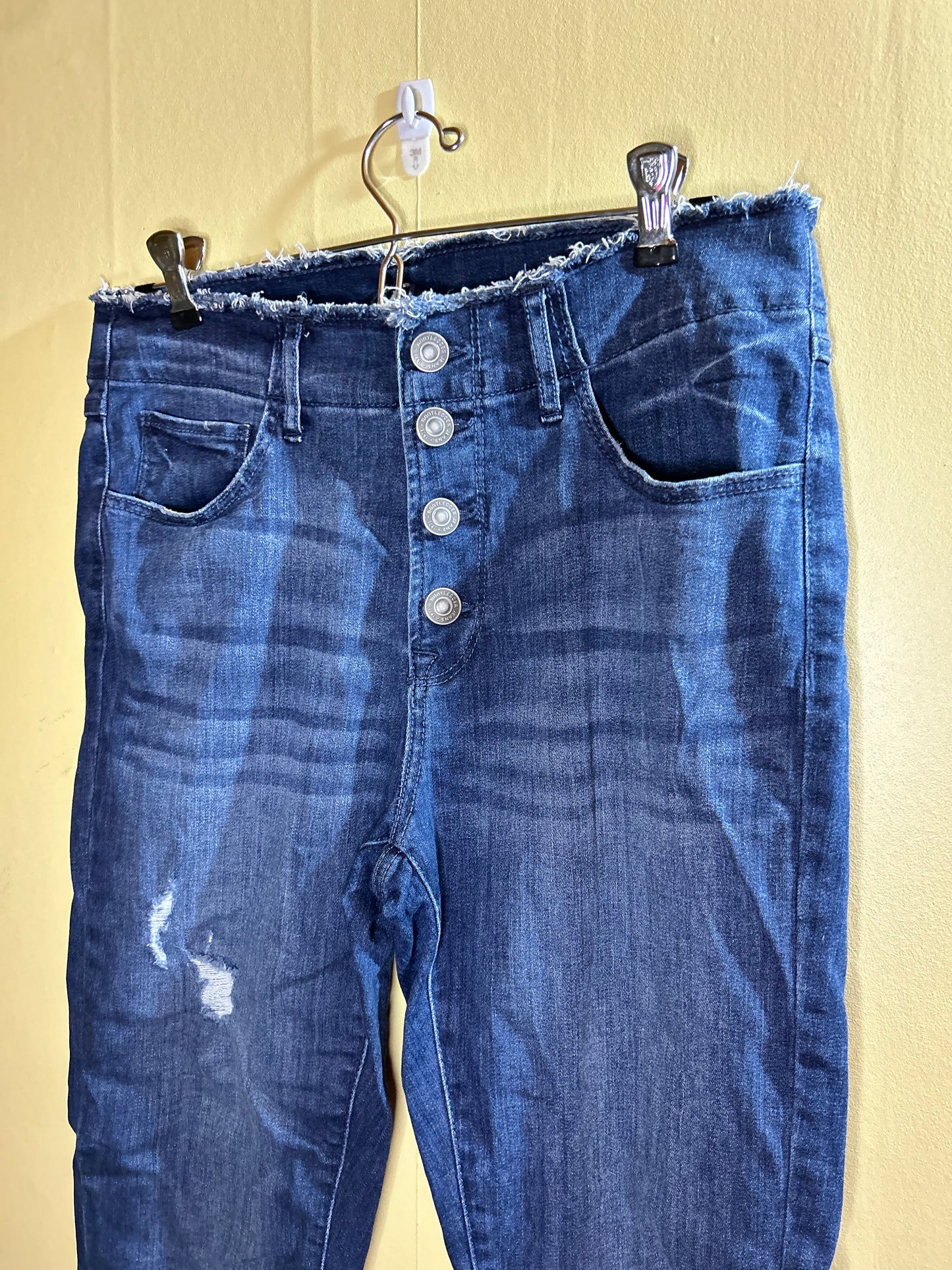 Bootlegger 30 medium wash distressed button high waisted jeans