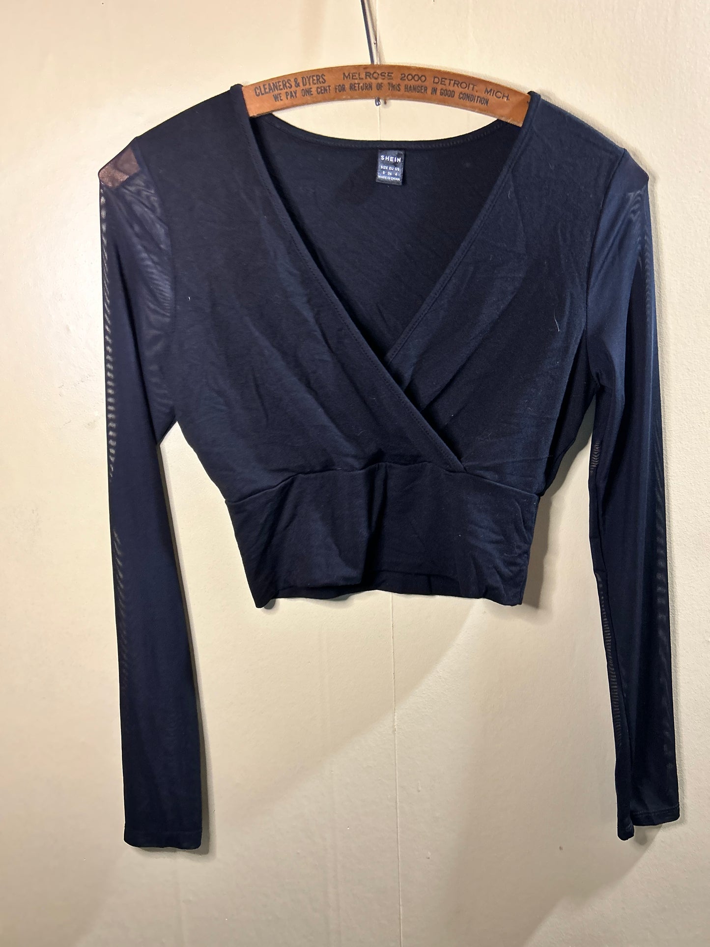 Shein small black sheer long sleeve vneck crop top