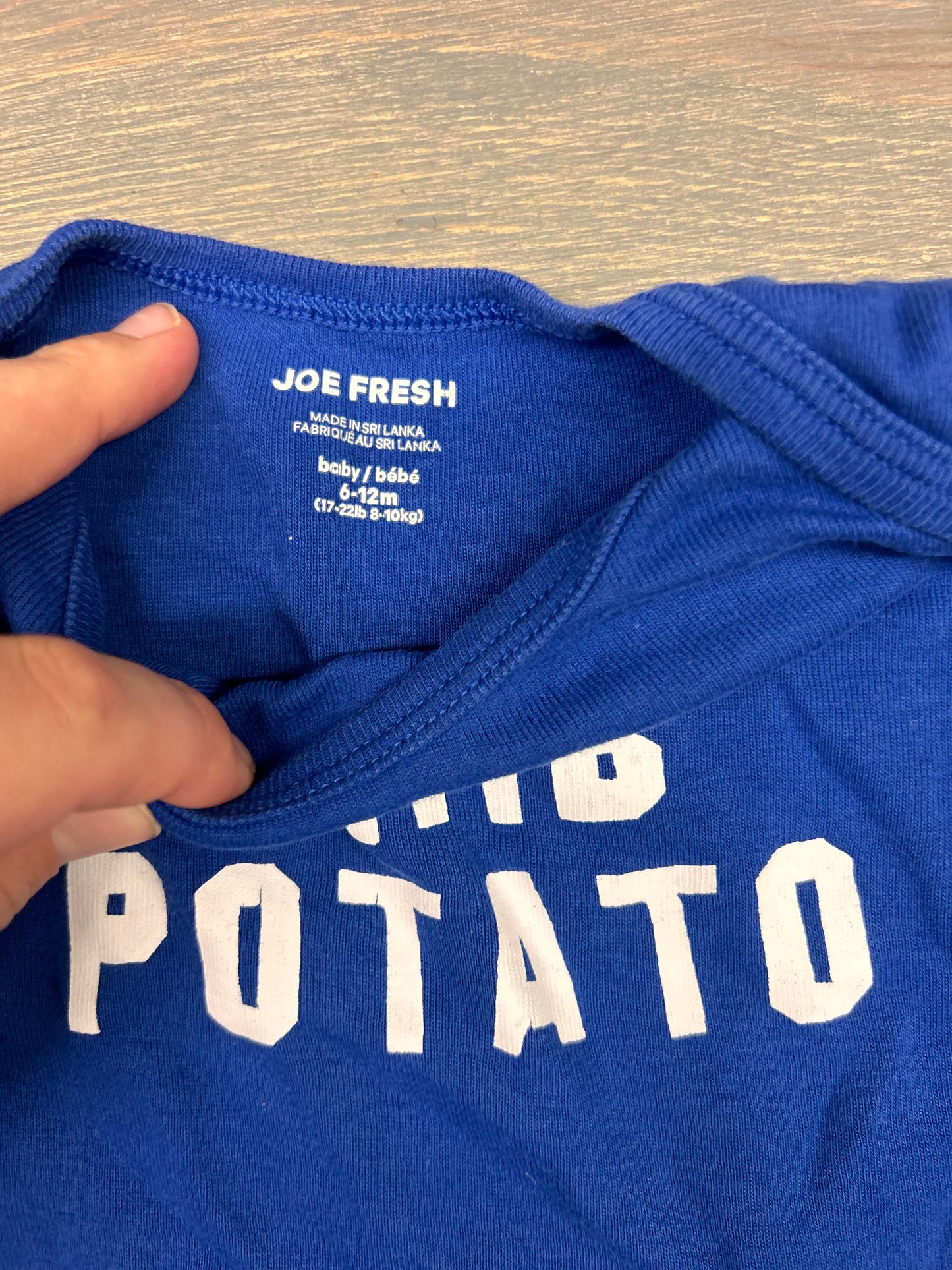 Joe fresh 6/12m blue crib potato onesie