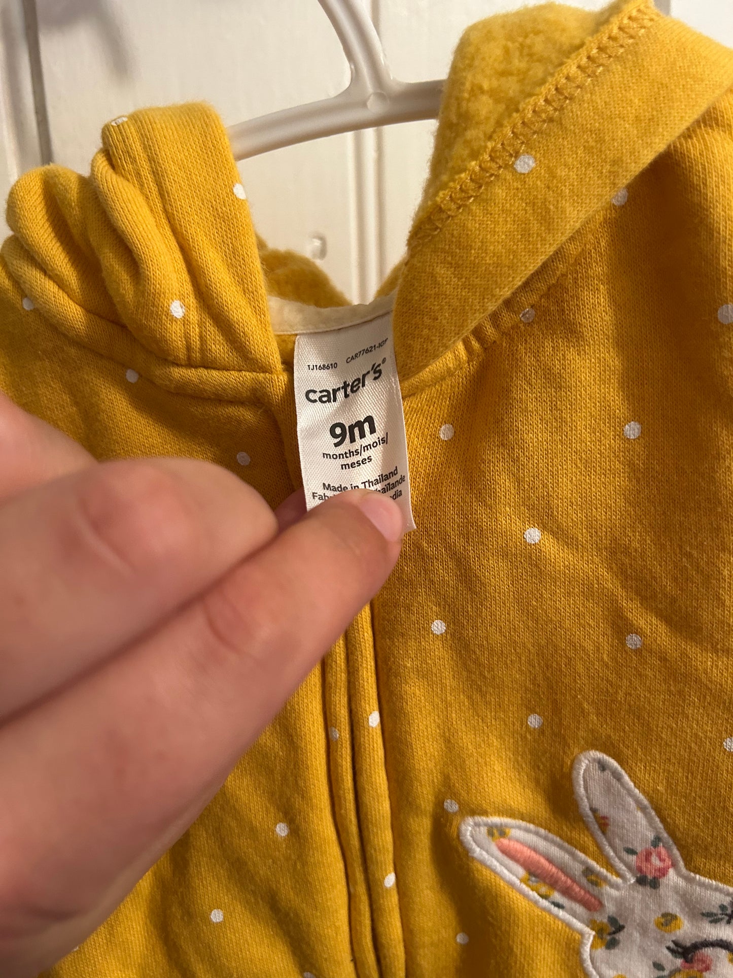 Carters 9m yellow rabbit zip up hoodie