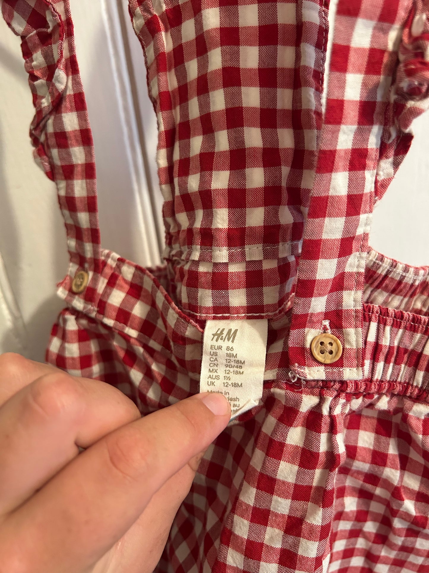 H&M 12/18m red gingham skirted overalls