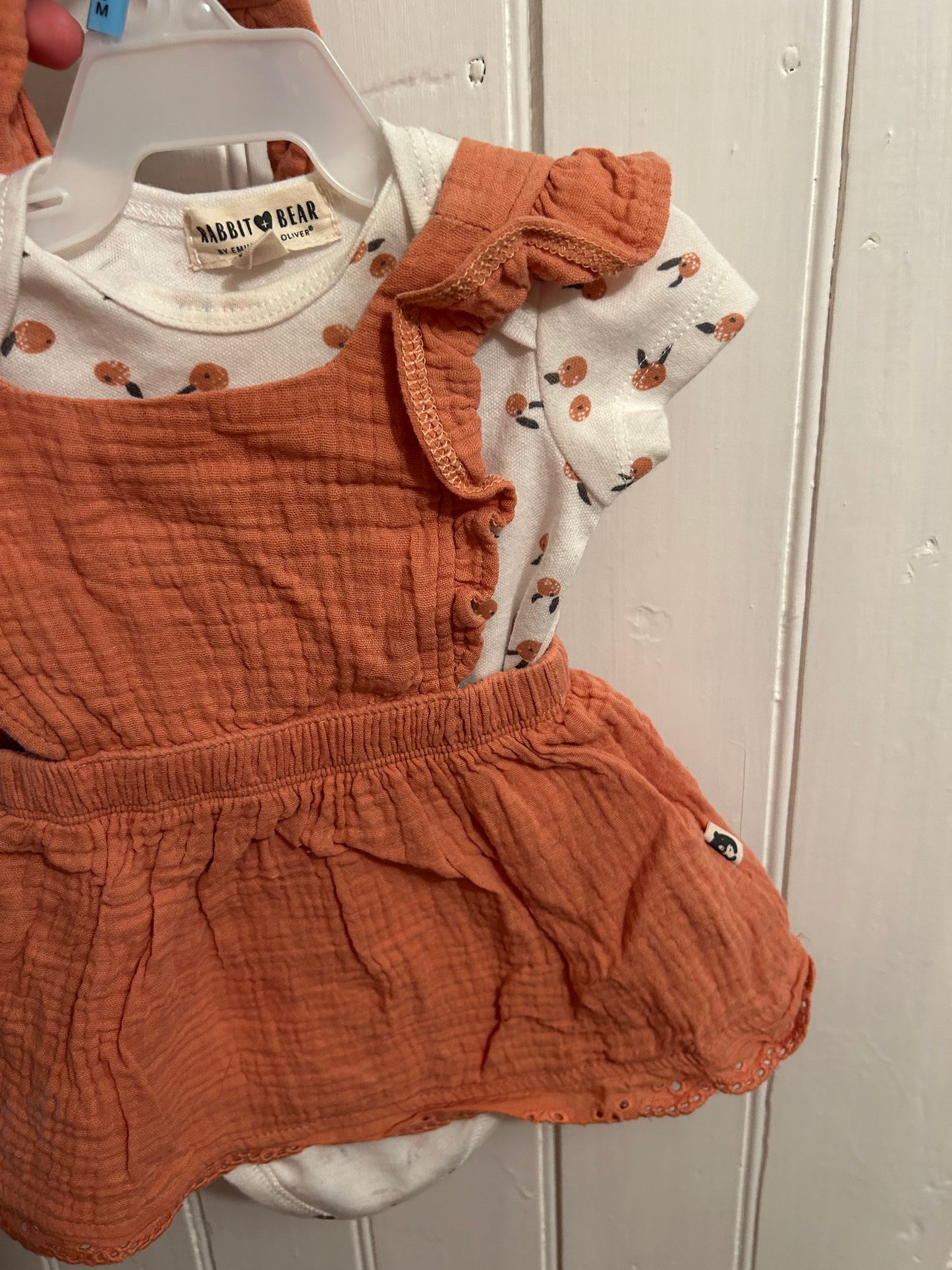 NEW rabbit & bear 0/3m peach overall & onesie set