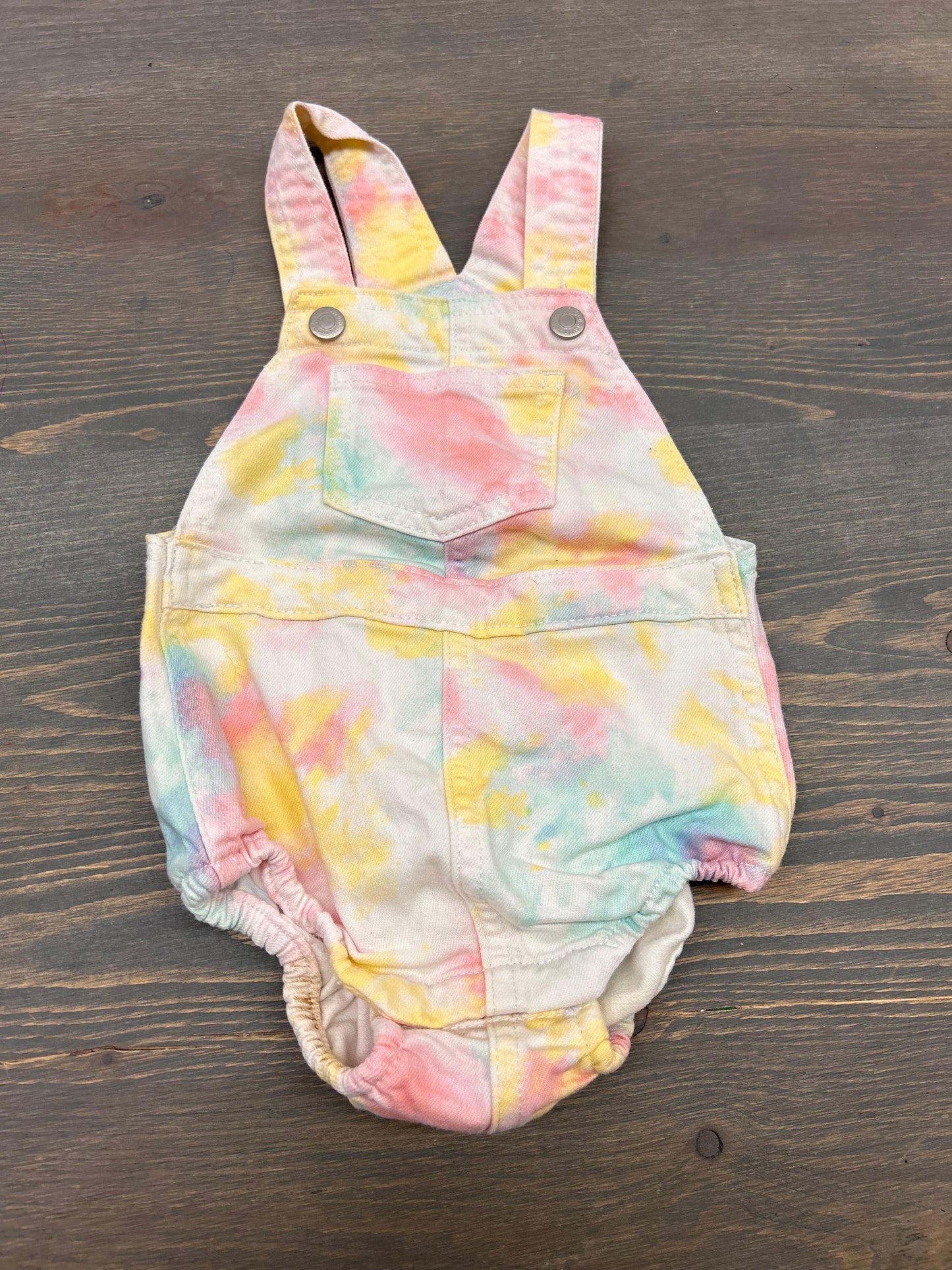 Old navy 6/12m rainbow tie dye denim bubble overalls