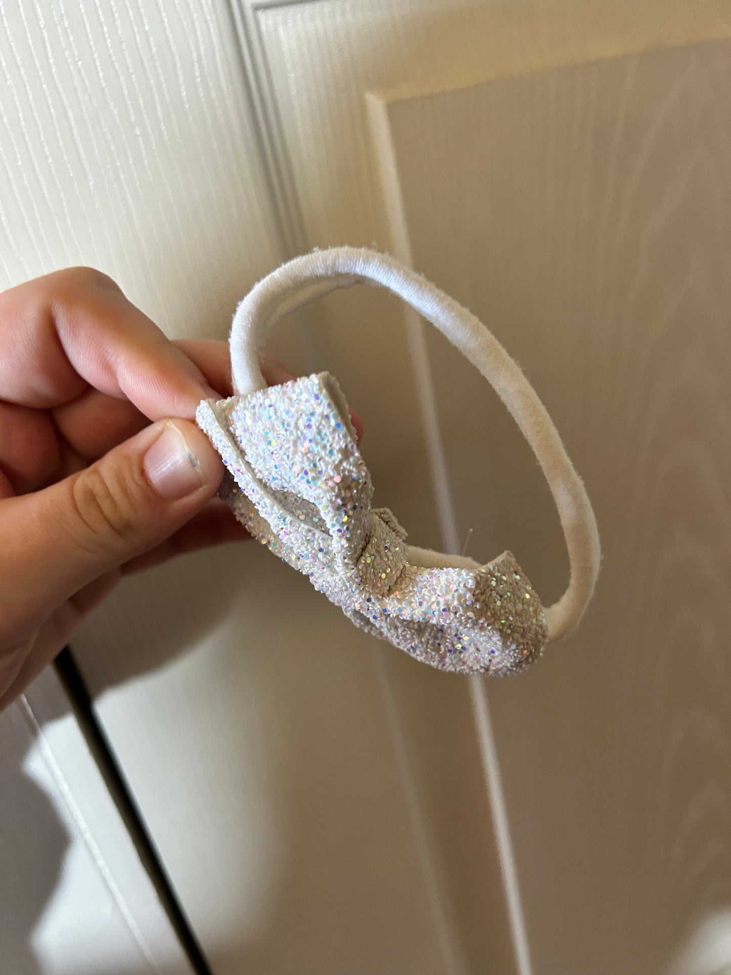 Small shop white glitter infant nylon bow