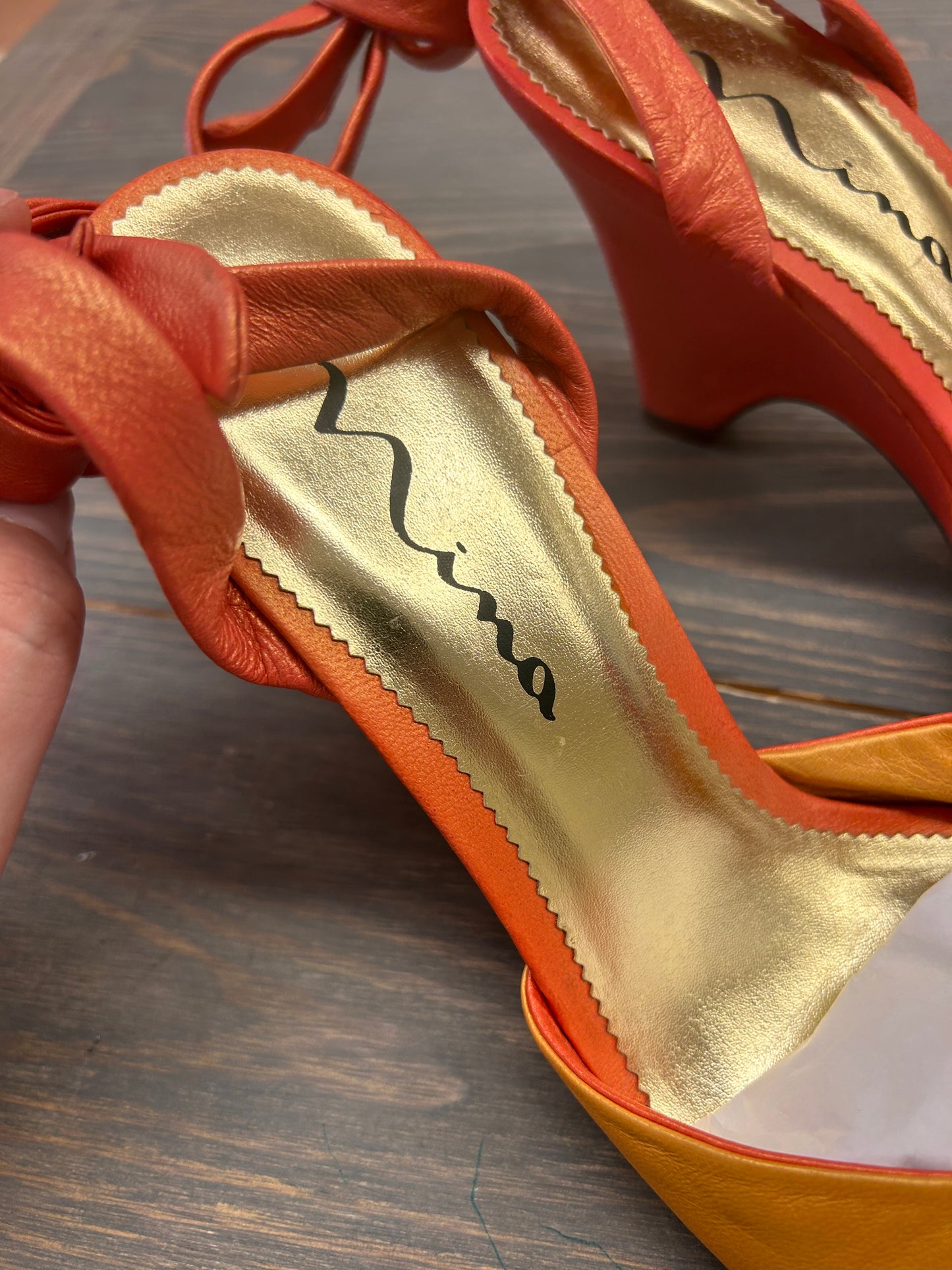 Nina 9 metallic orange peep toe strapy high heels