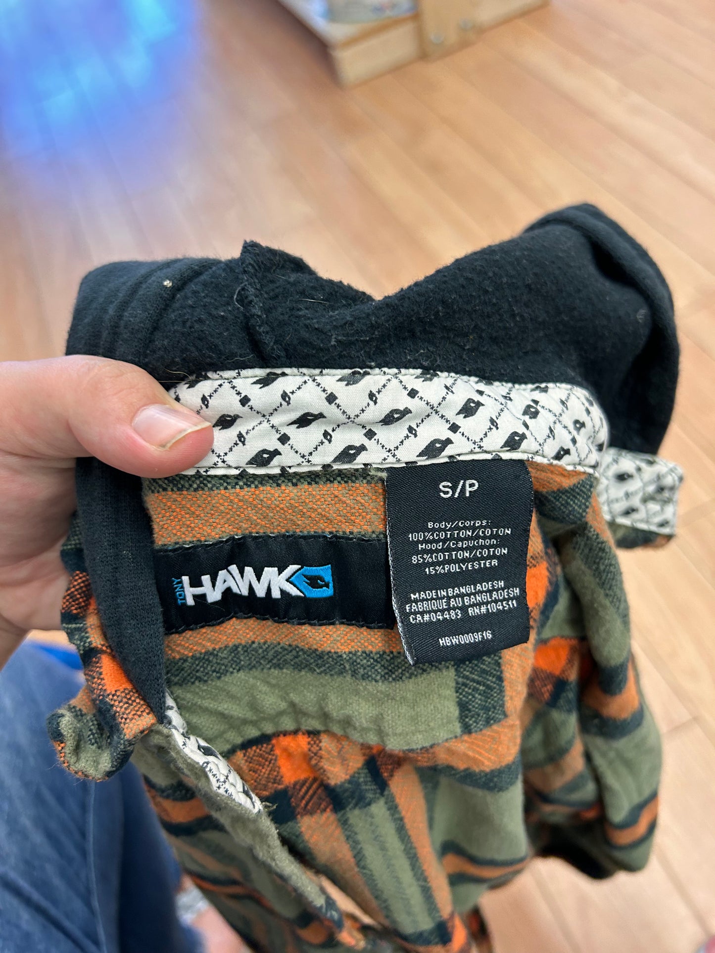 Hawk youth small green & orange hooded flannel