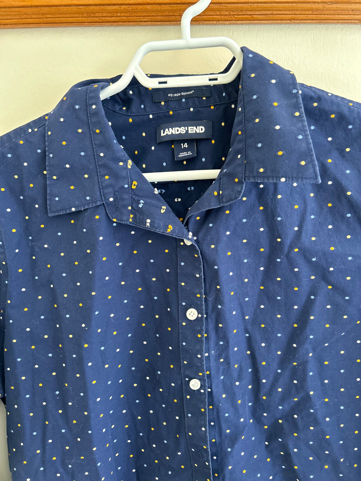 Lands end youth 14 navy polka dot button up shirt