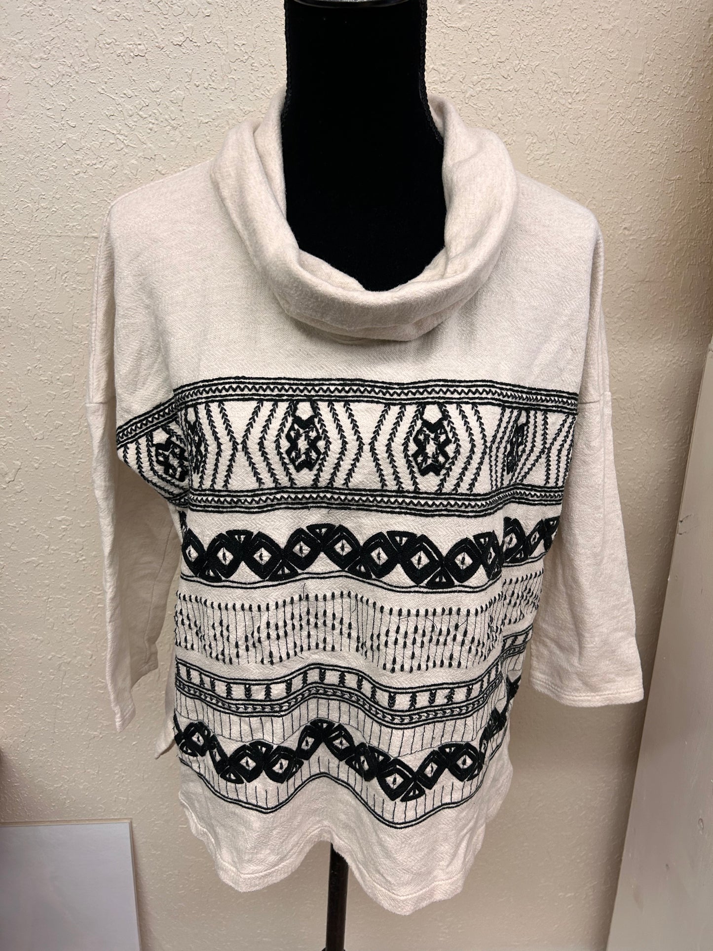 Lucky brand medium white & black embroidered cowl neck sweater