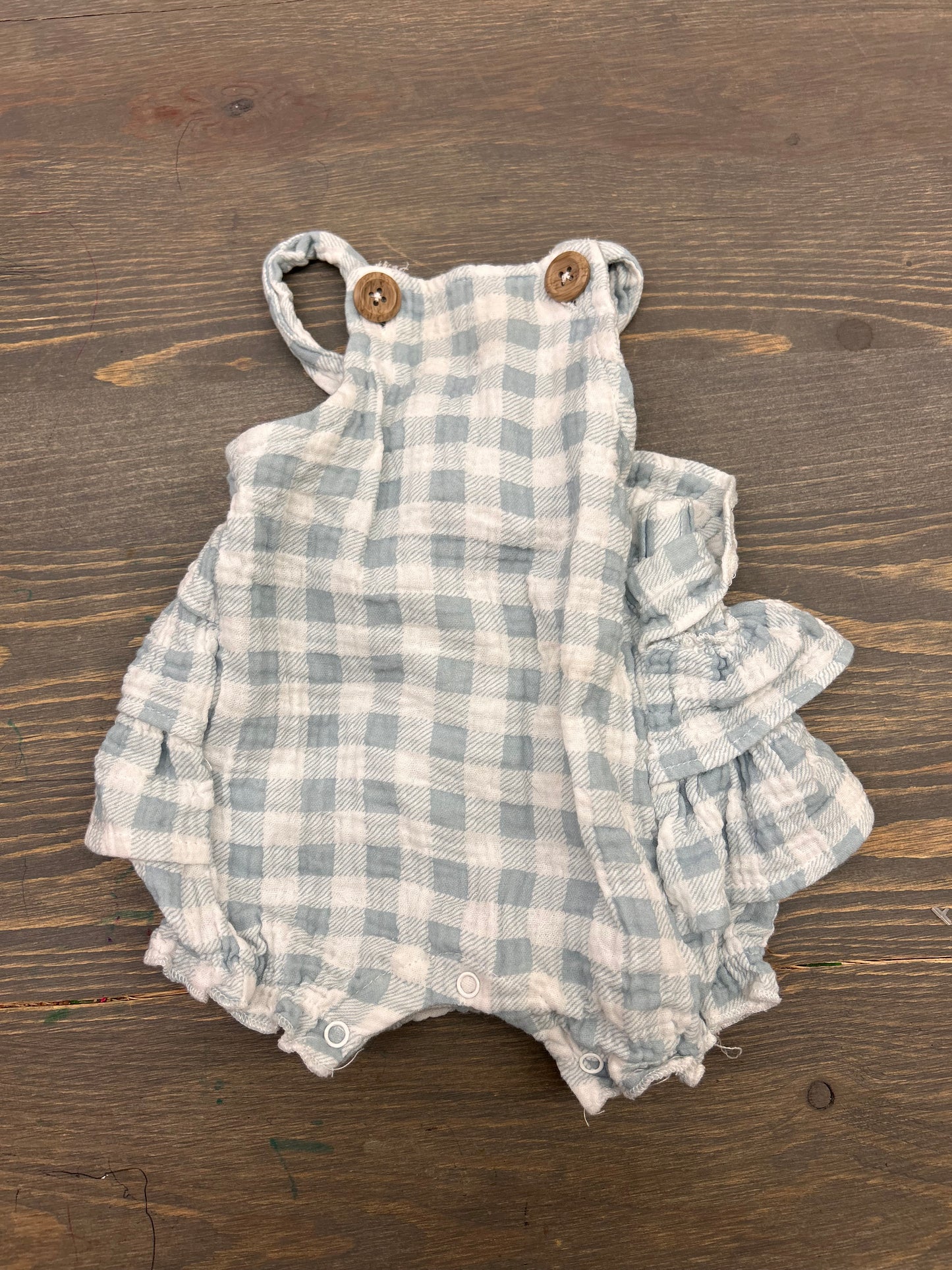 Emily & Oliver 3/6m blue gingham ruffle bum romper