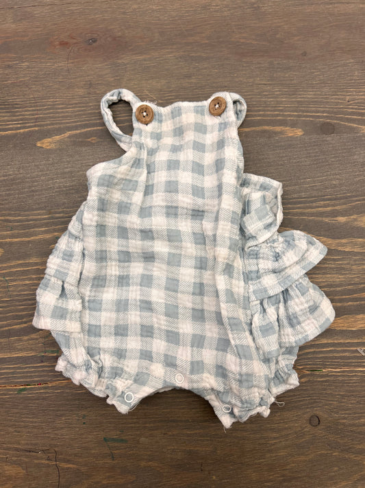 Emily & Oliver 3/6m blue gingham ruffle bum romper