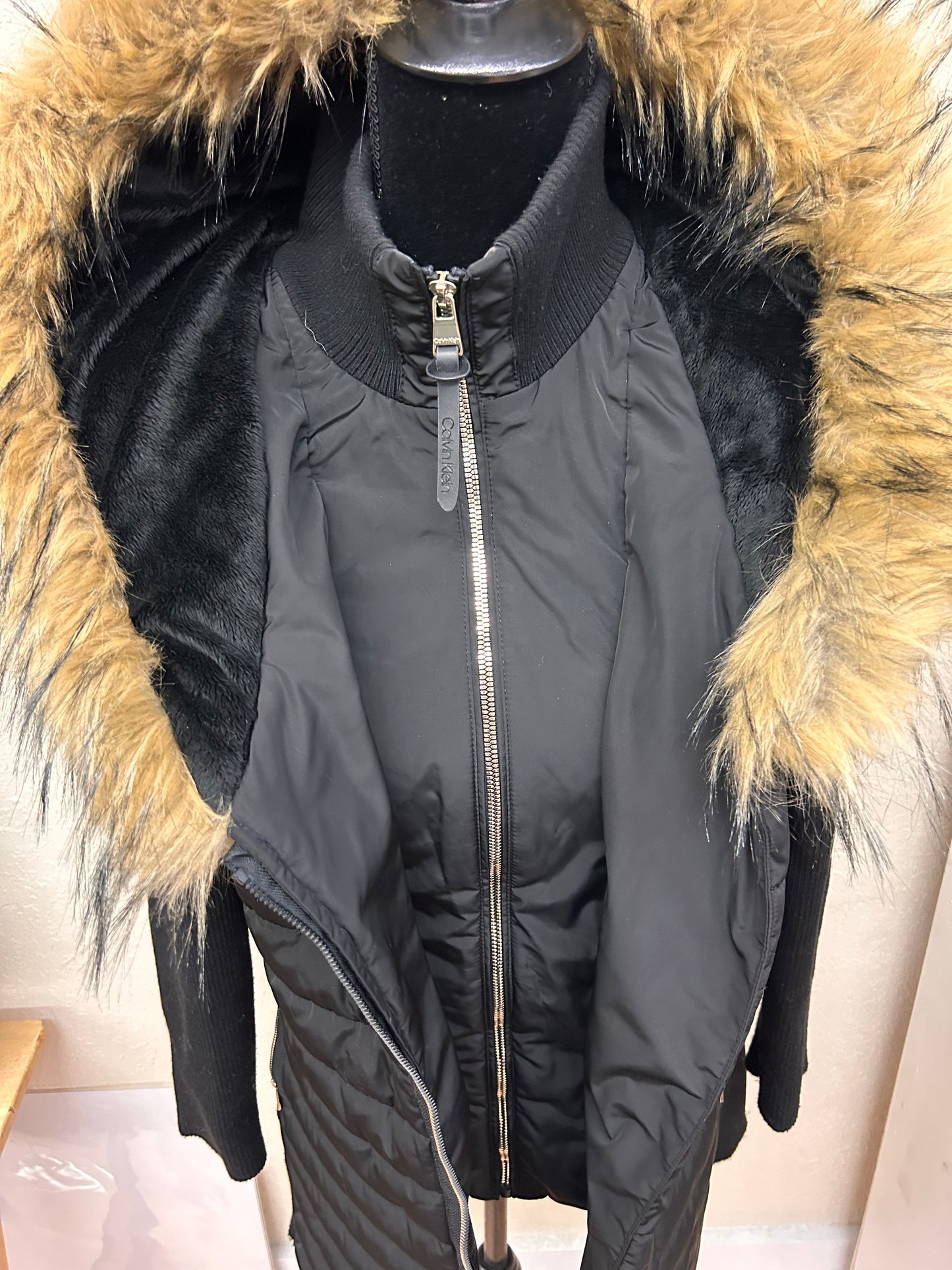 Calvin Klein small black fur trim hood fall jacket