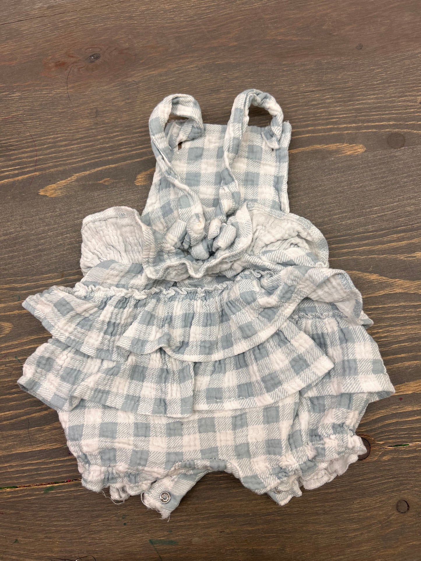 Emily & Oliver 3/6m blue gingham ruffle bum romper