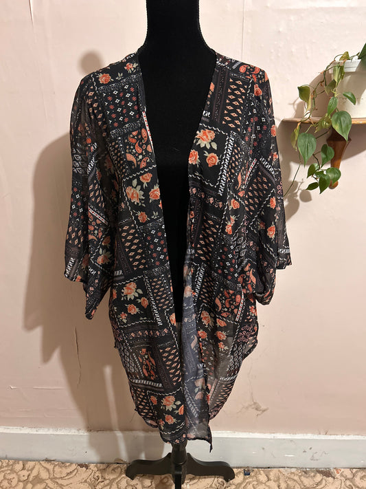 3x black & peach floral sheer kimono