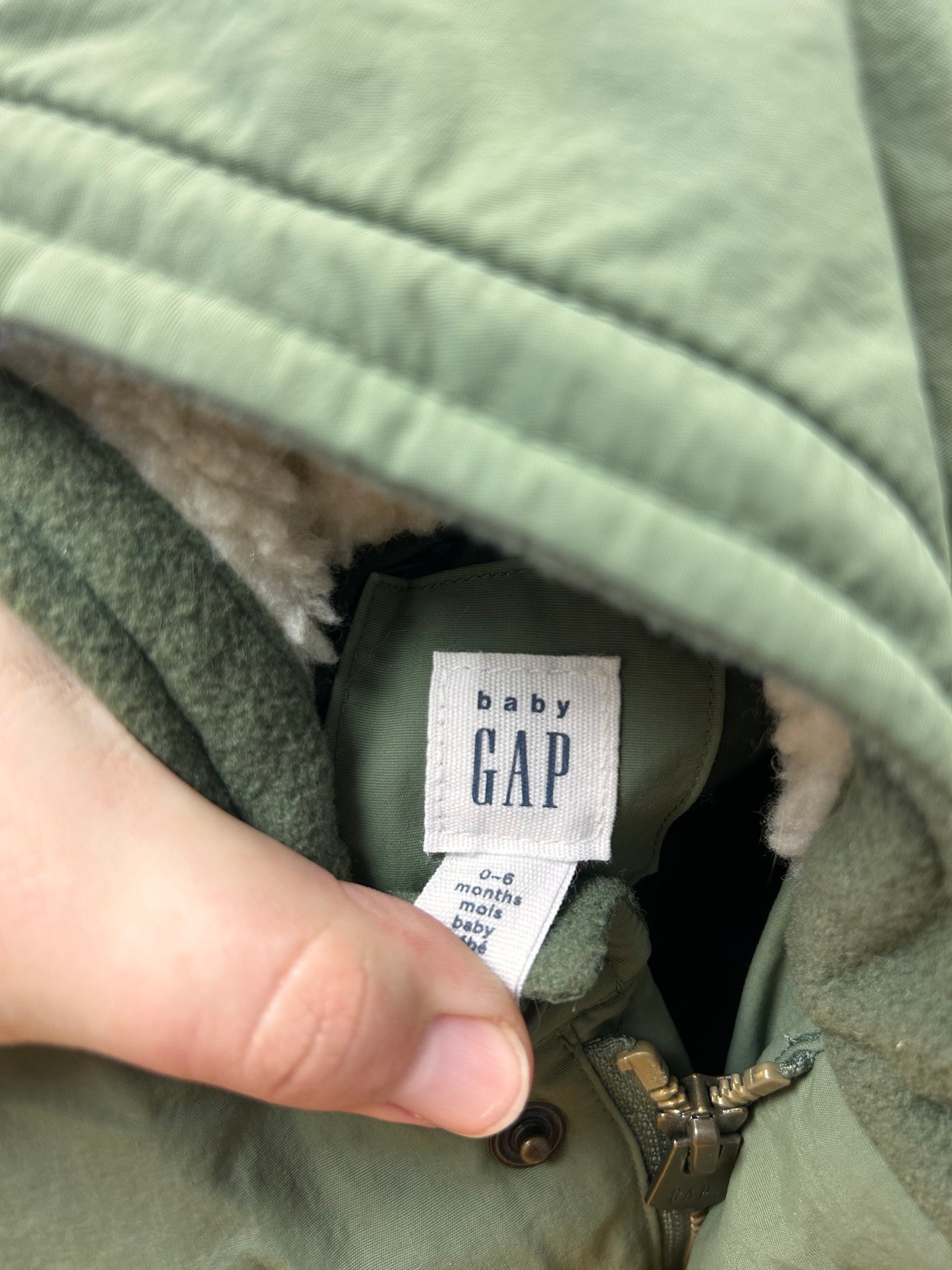 Gap 0/6m green Sherpa lined Winter coat