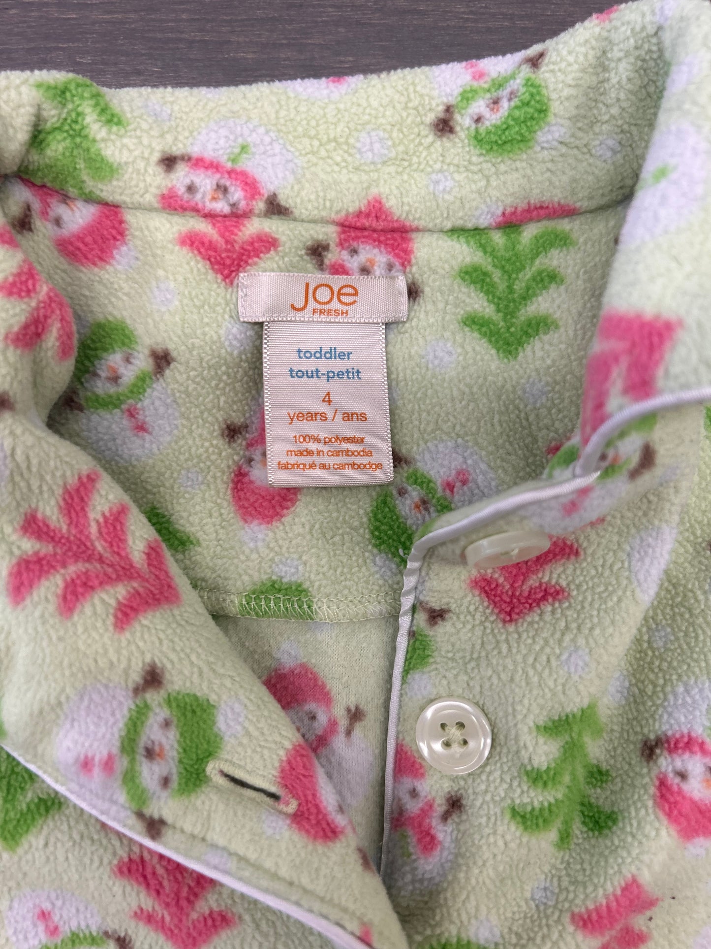 Joe fresh 4 pink & green snowman fleece sleep set