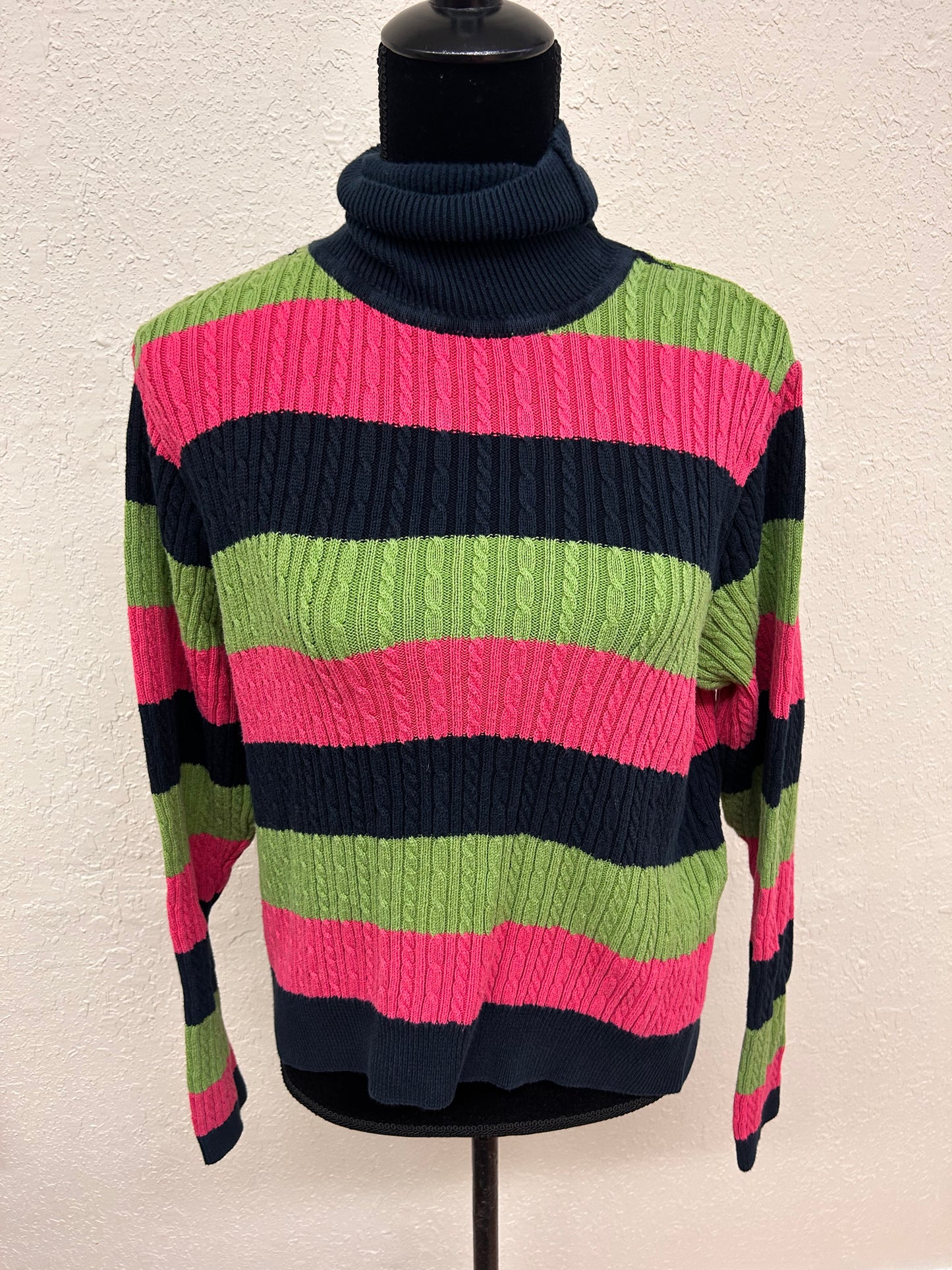 Parkhurst medium green, pink & navy blue striped knit turtleneck