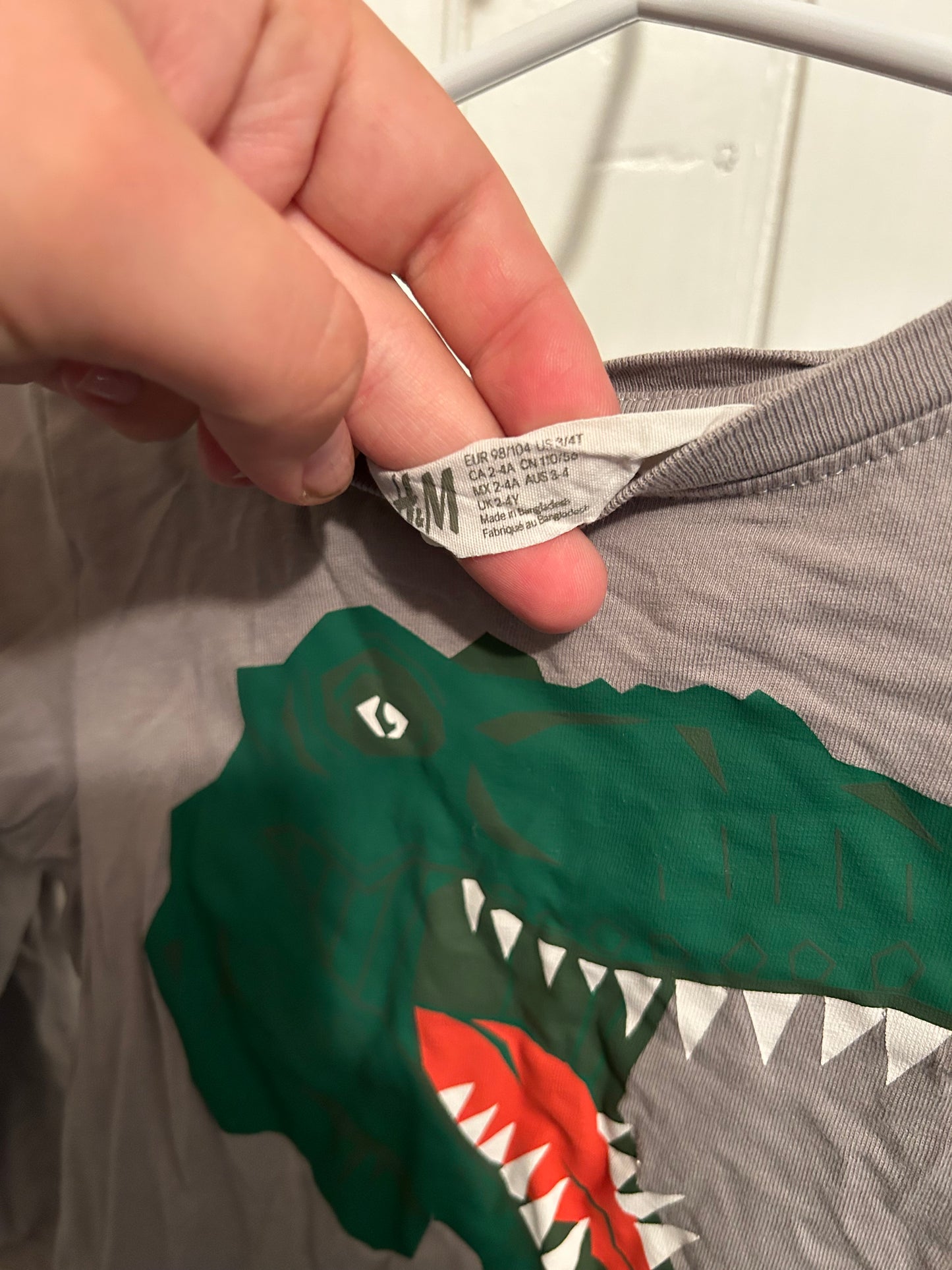 H&M 3/4t grey & green Dino long sleeve shirt