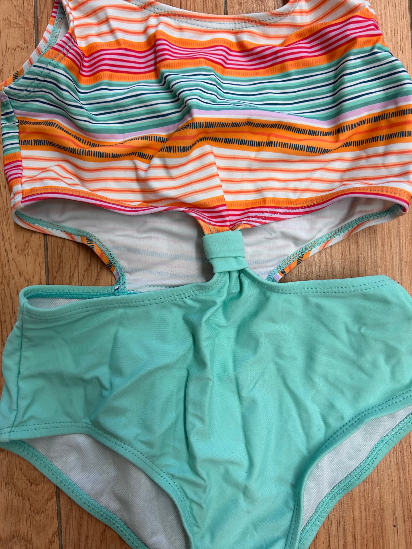 Mandarine & co 10 teal & orange striped swimsuit