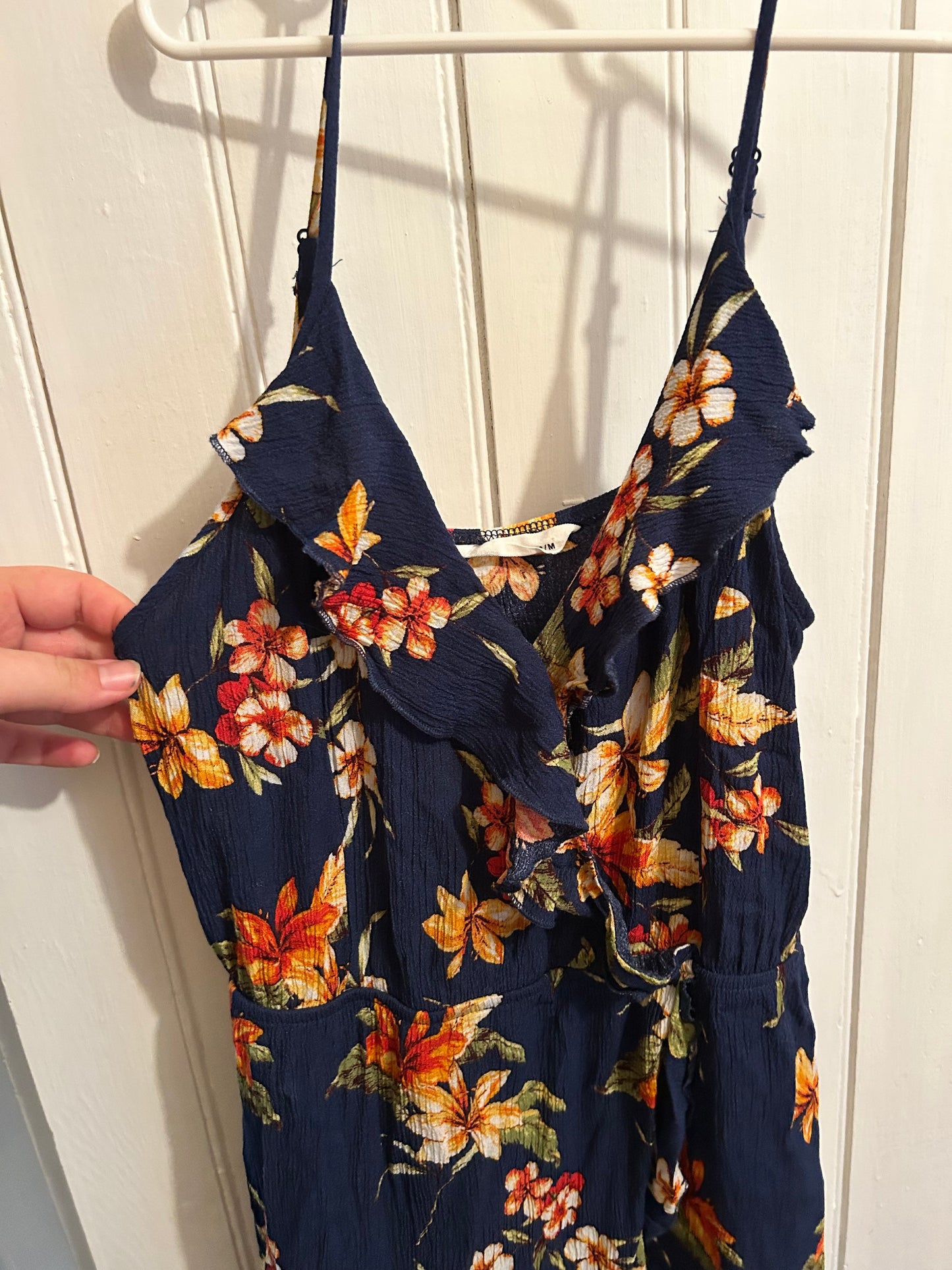 Bluenotes medium navy & orange floral ruffle dress
