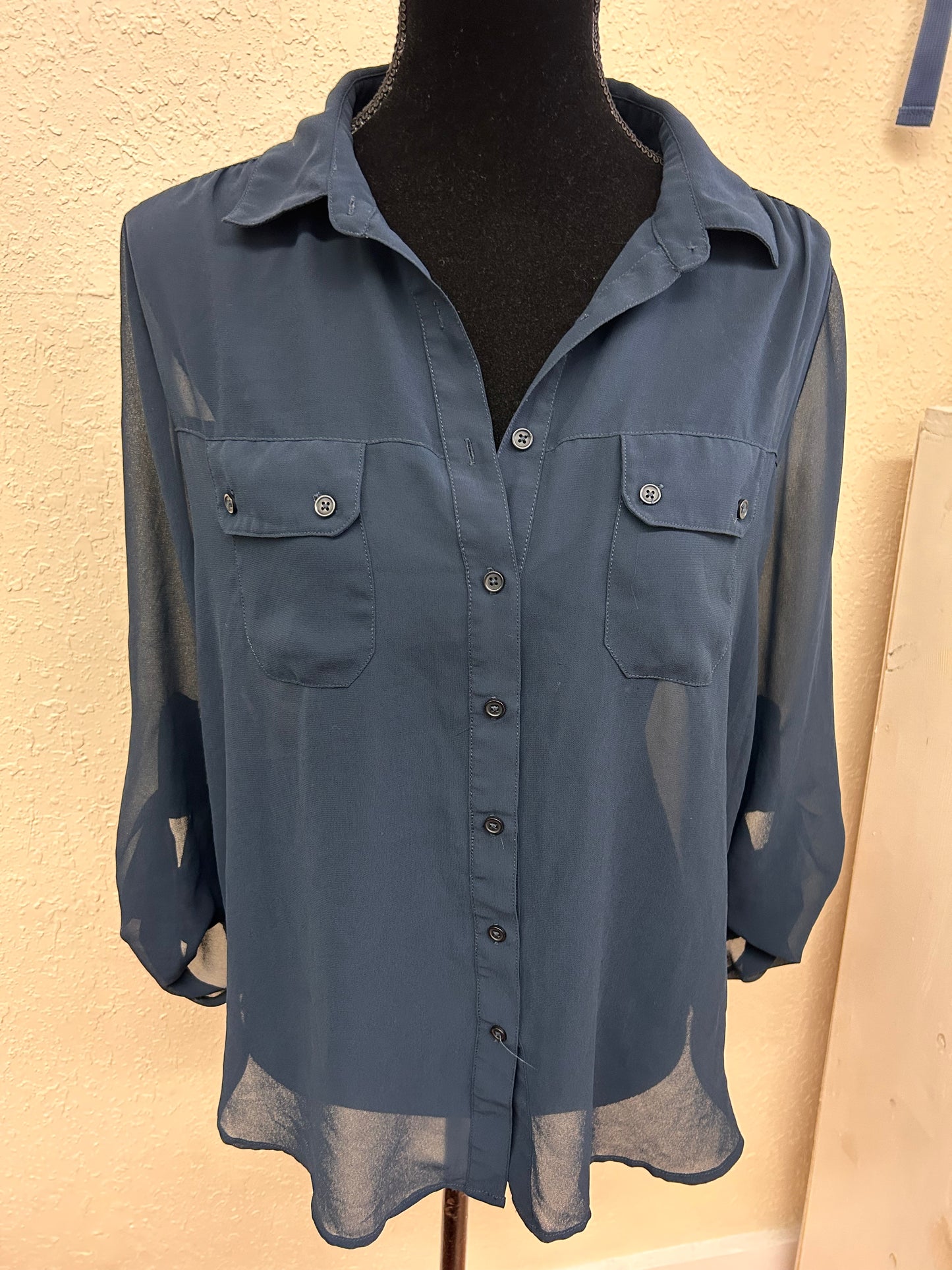 Kismet large navy blue sheer button up shirt