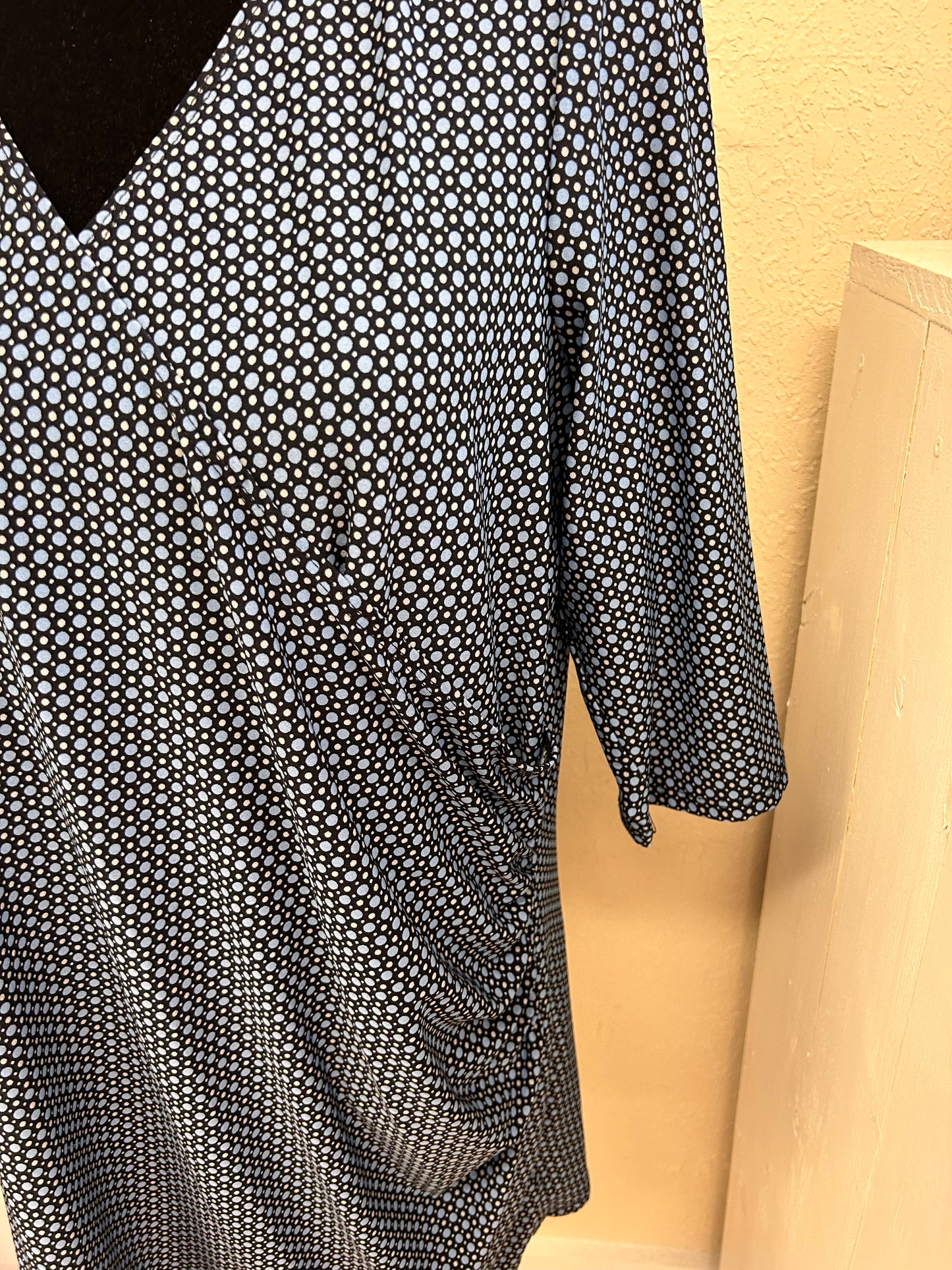 Encore 1x blue polka dot wrap style blouse