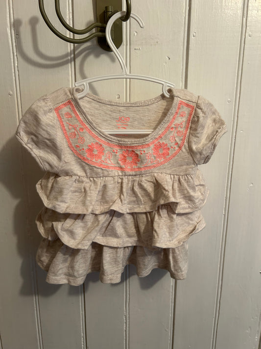Joe fresh 6/12m tan & pink embroidered ruffle top