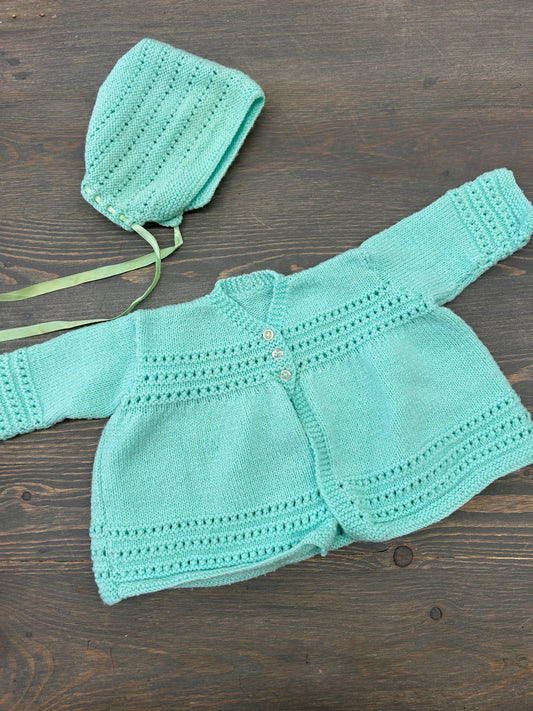 Handmade 3m teal knit cardigan & bonnet set