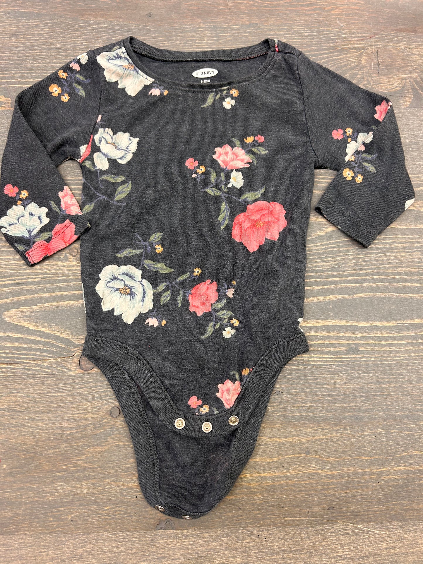 Old navy 6/12m black & pink floral long sleeve onesie