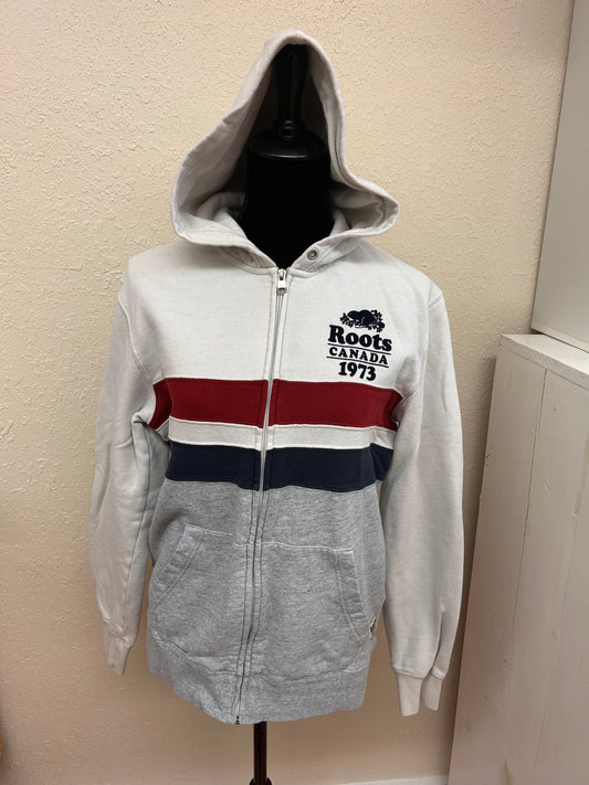 Roots small red & blue striped zip up hooded sweater