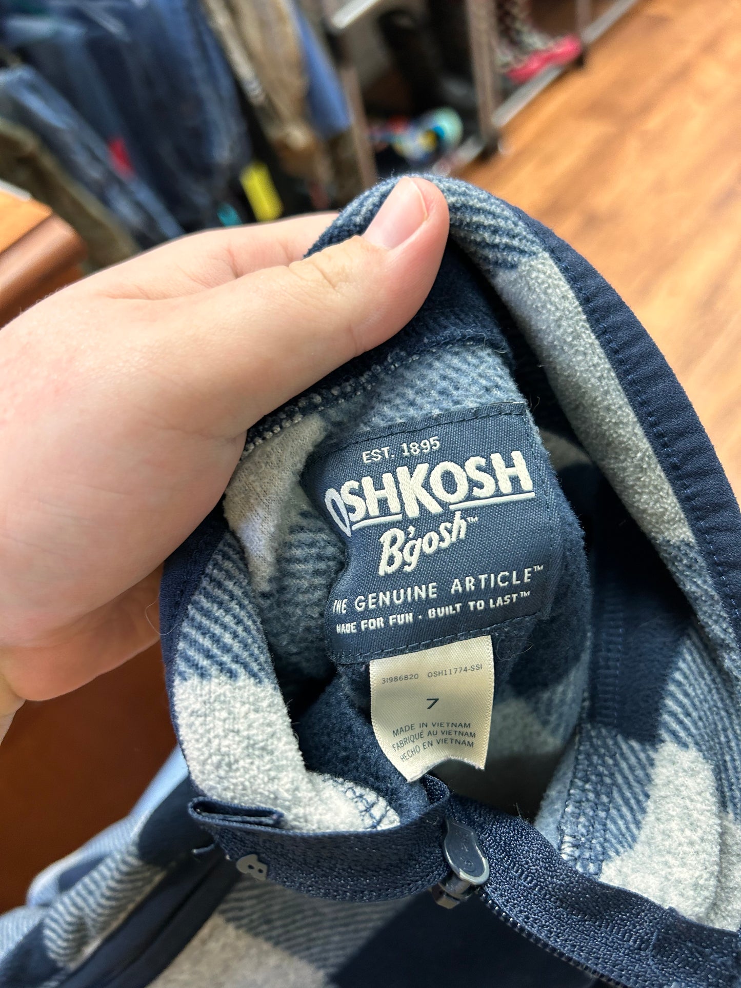 Oshkosh 7 Blue & grey gingham fleece sweater