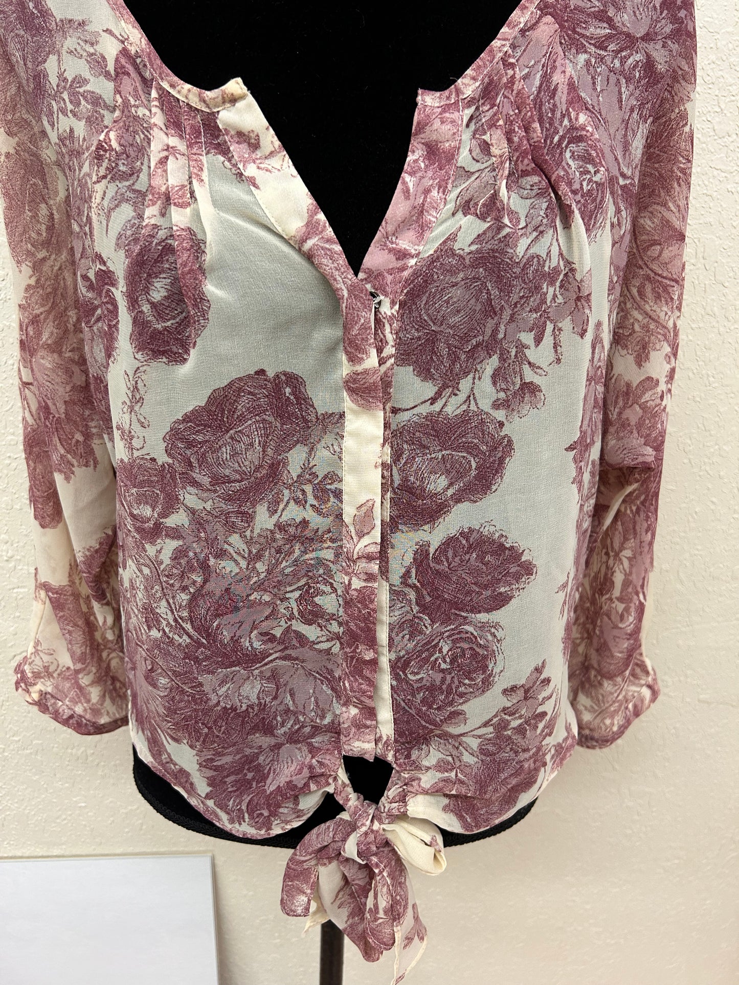 Forever 21 large tan & burgundy floral sheer blouse