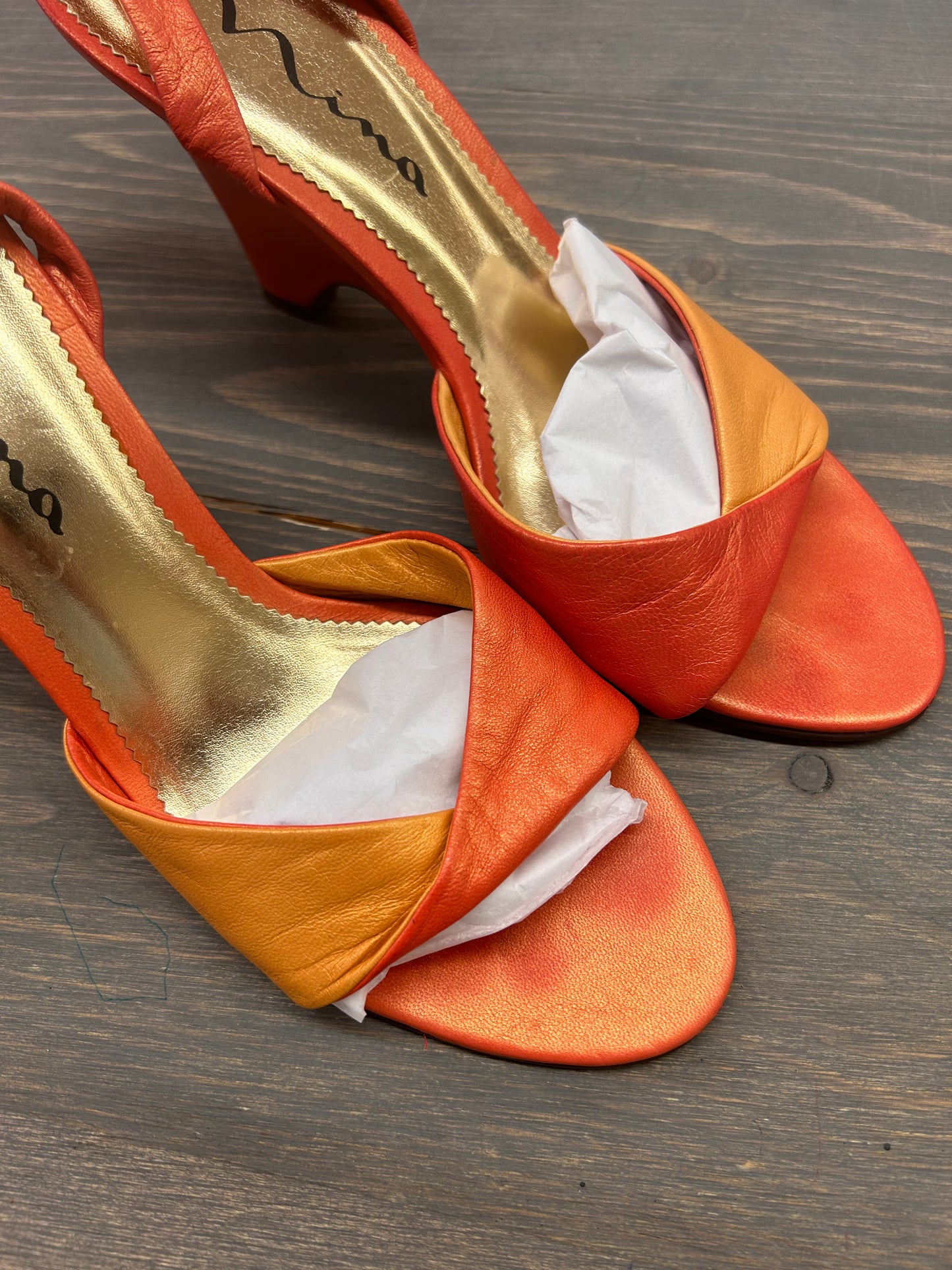 Nina 9 metallic orange peep toe strapy high heels