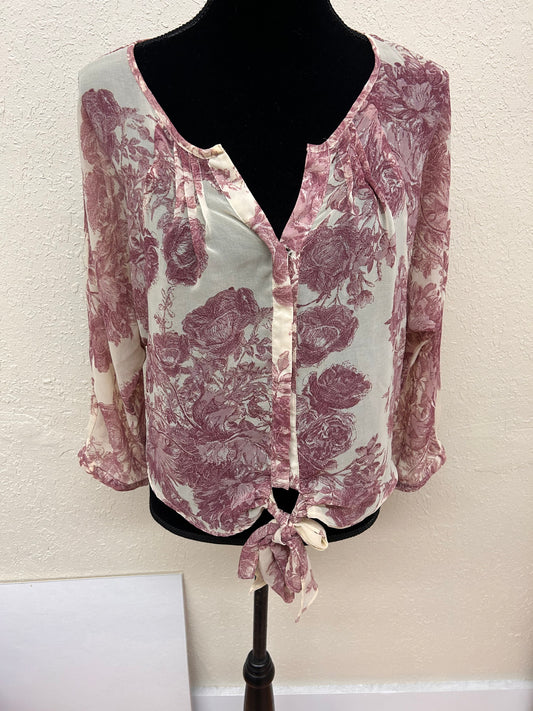 Forever 21 large tan & burgundy floral sheer blouse