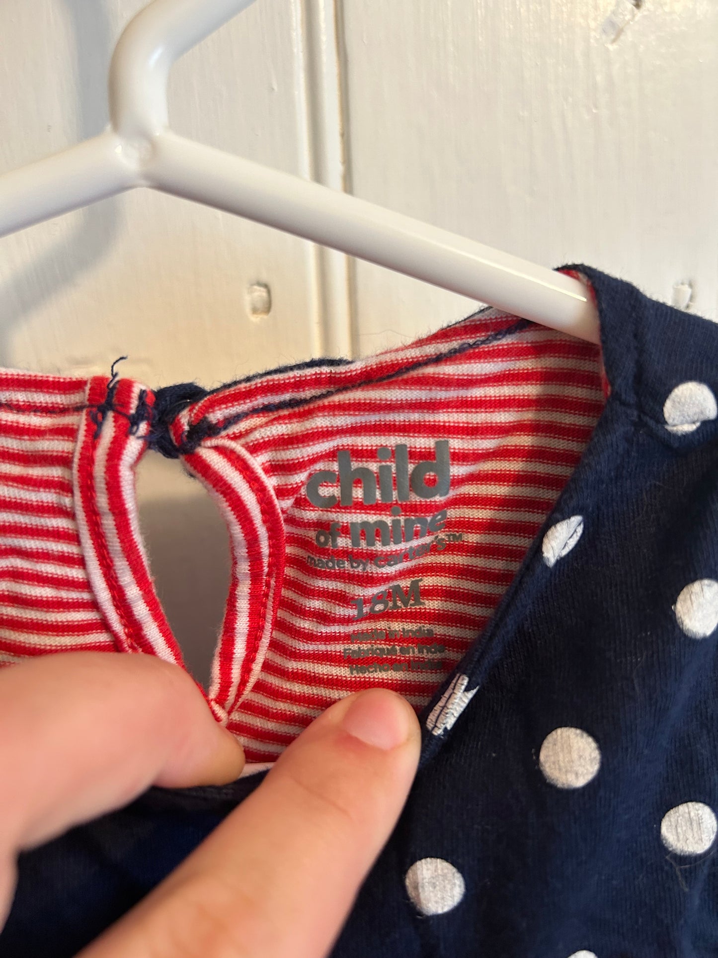 Carters 18m navy & red polka dot striped open back romper