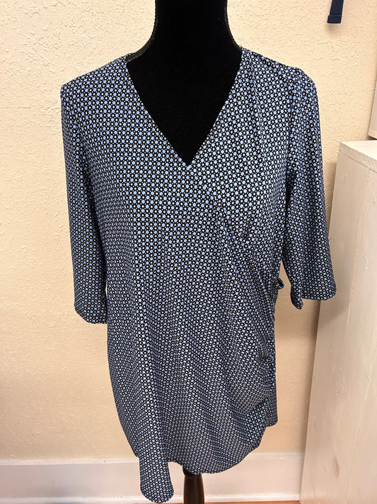 Encore 1x blue polka dot wrap style blouse