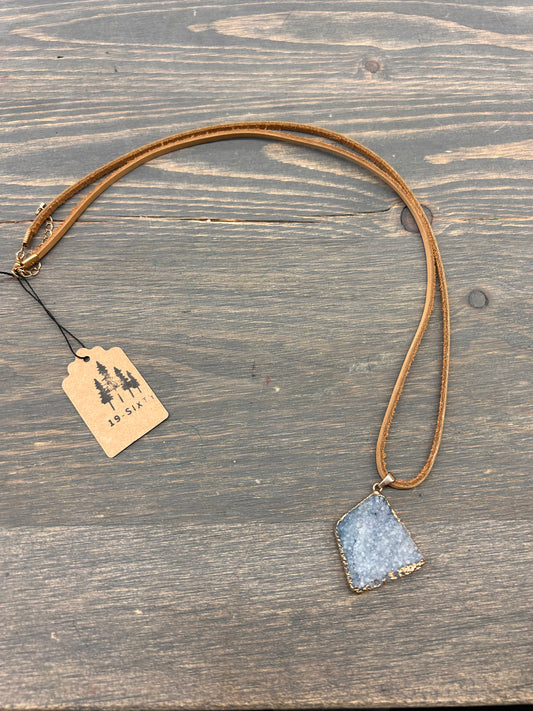 Light blue crystallized gemstone leather chain necklace