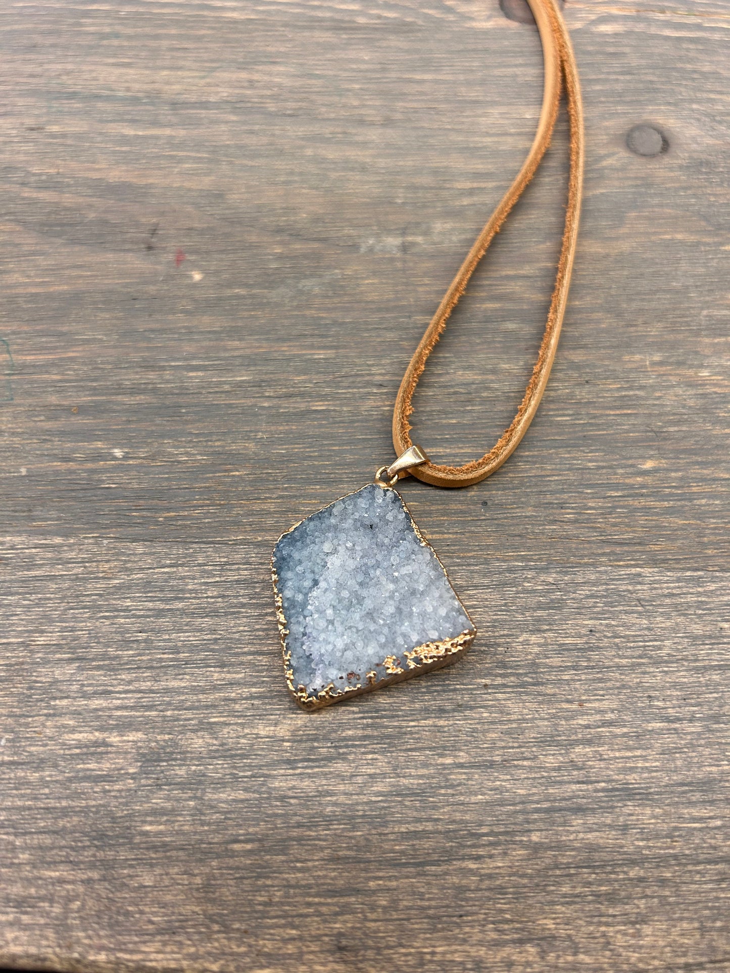 Light blue crystallized gemstone leather chain necklace