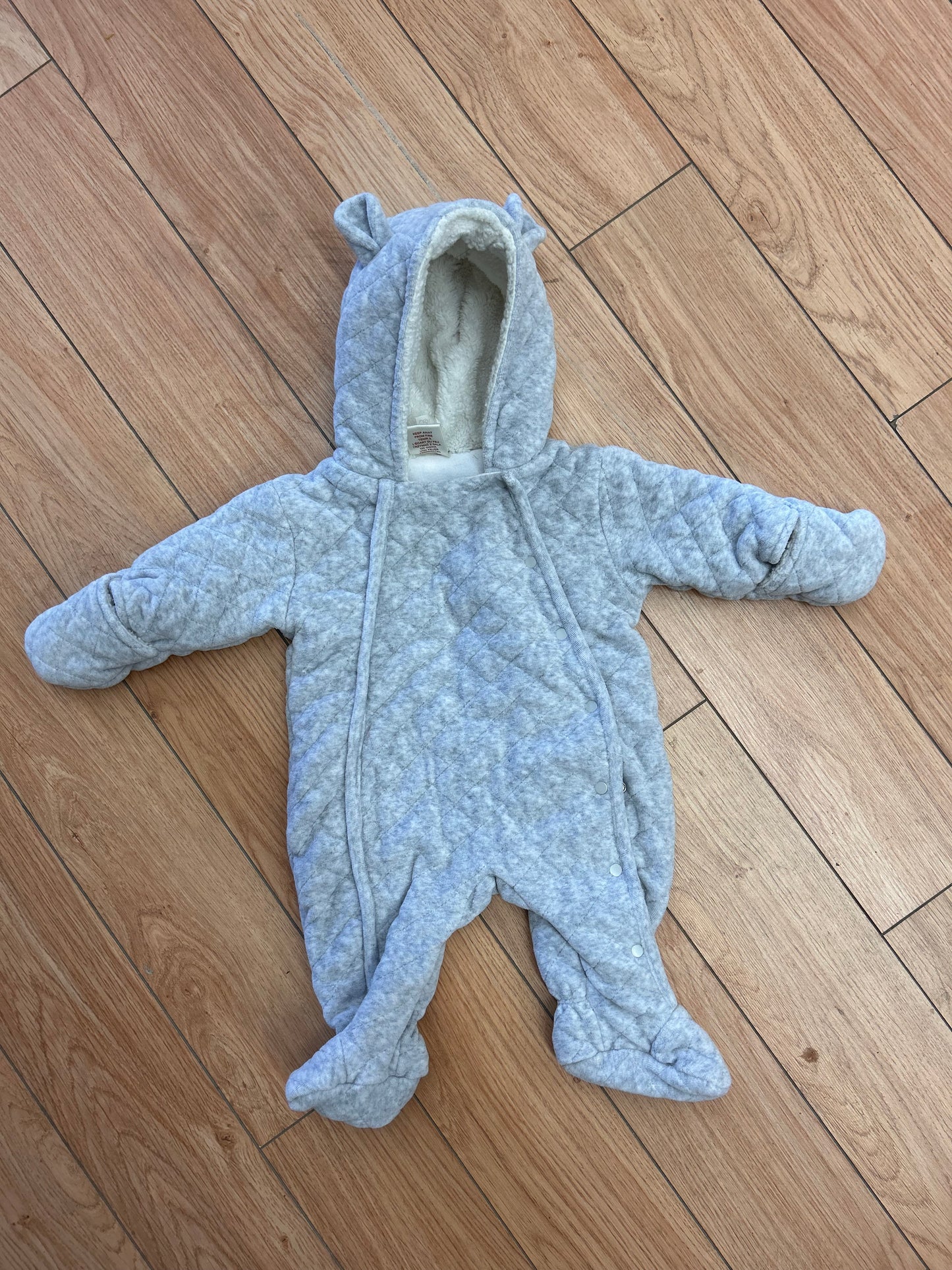 First wish 3/6m fleece lined grey quilted bunting suit