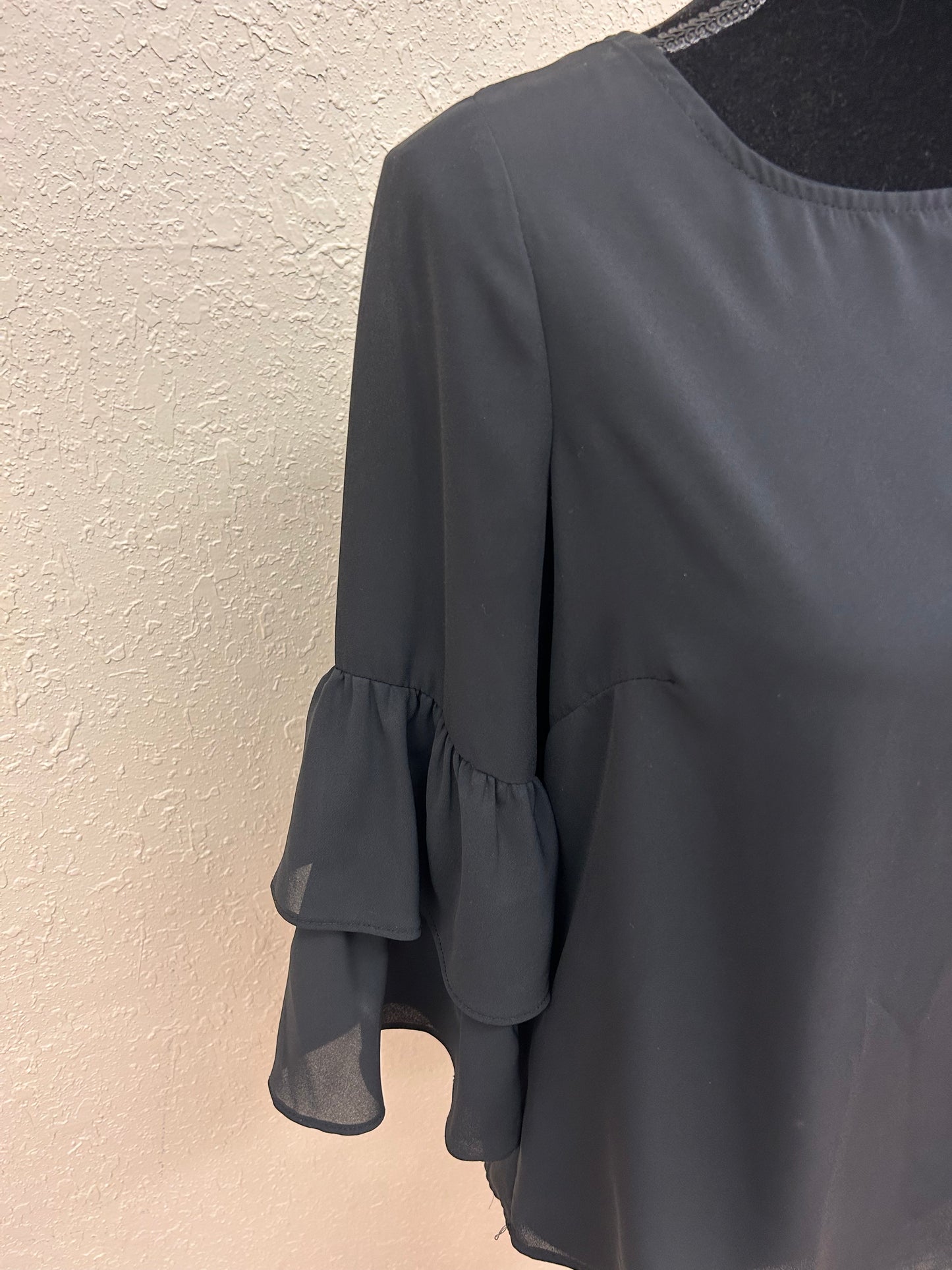 Lily Morgan small black bell sleeve sheer blouse