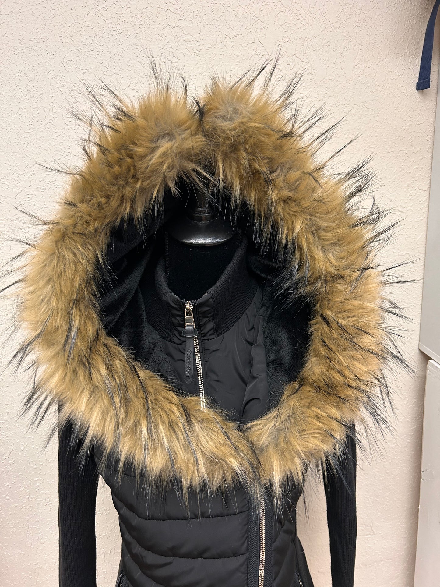 Calvin Klein small black fur trim hood fall jacket