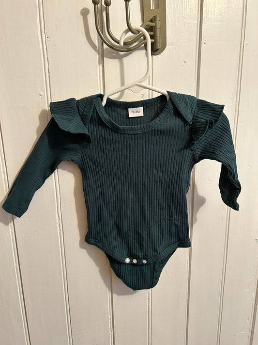 0/3m dark green ribbed ruffle onesie