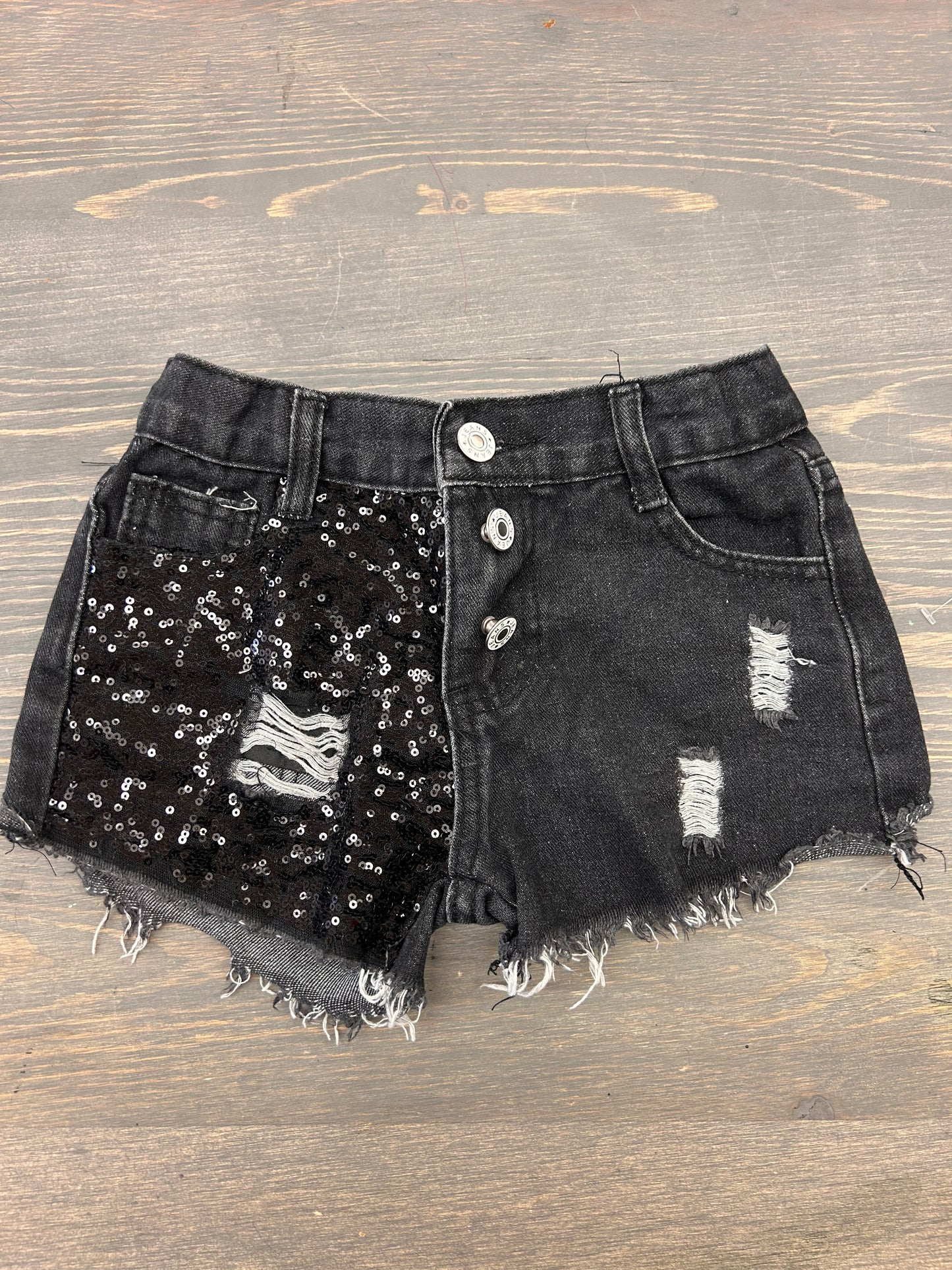 Small shop 7 black glitter denim shorts