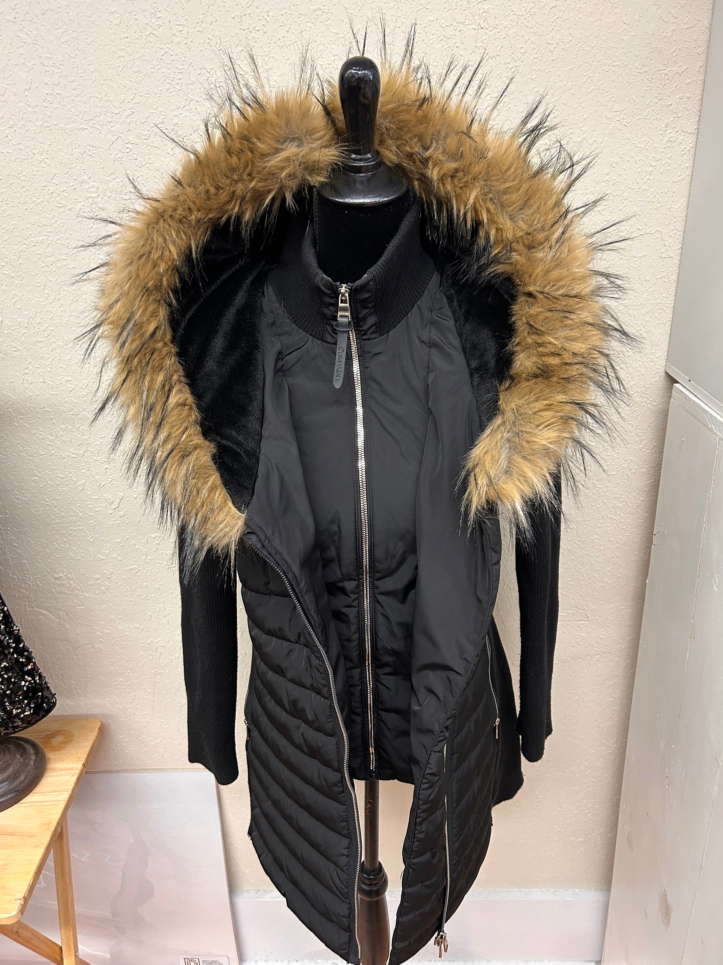 Calvin Klein small black fur trim hood fall jacket