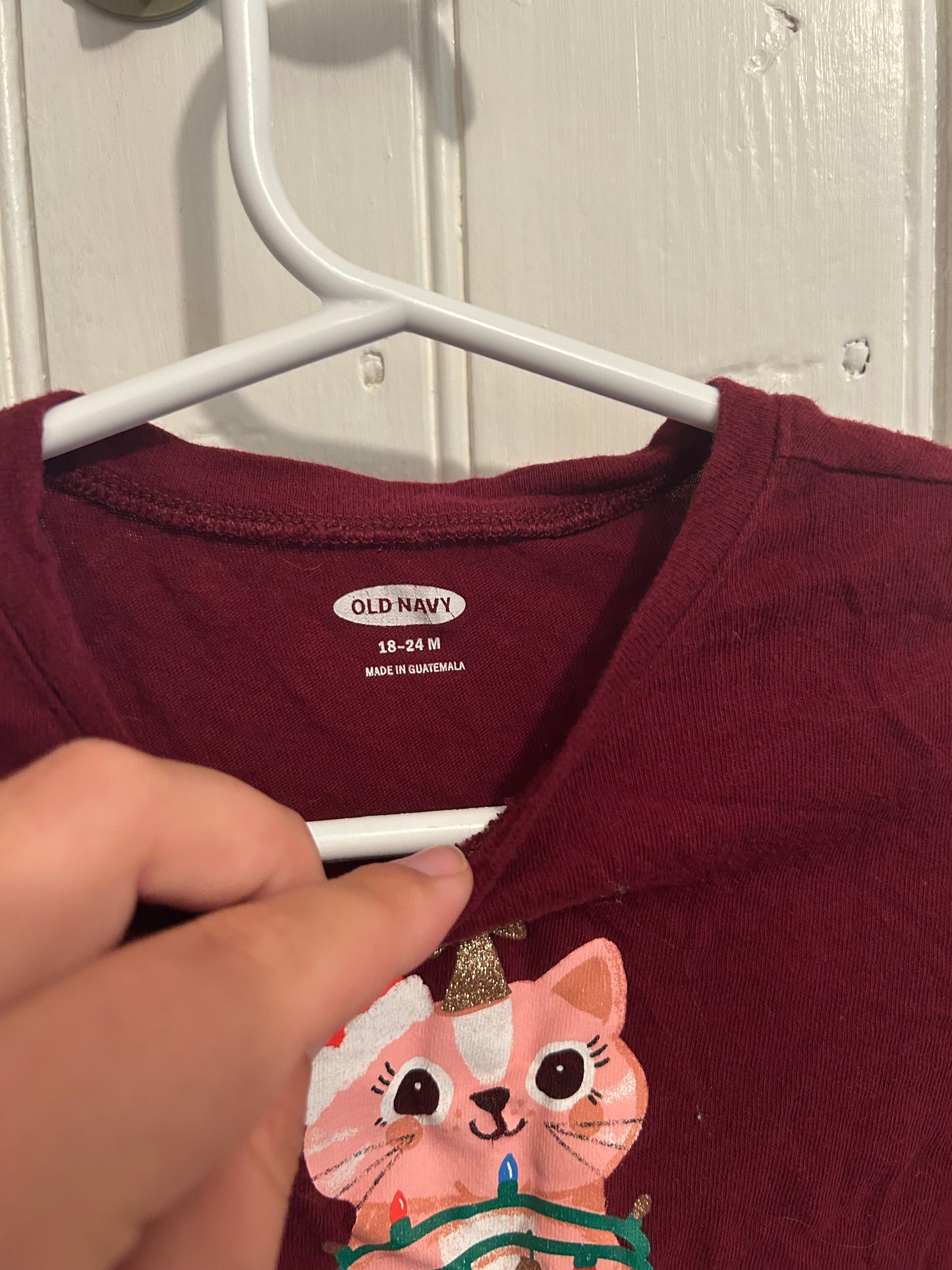 Old navy 18/24m burgundy festive cat shirt